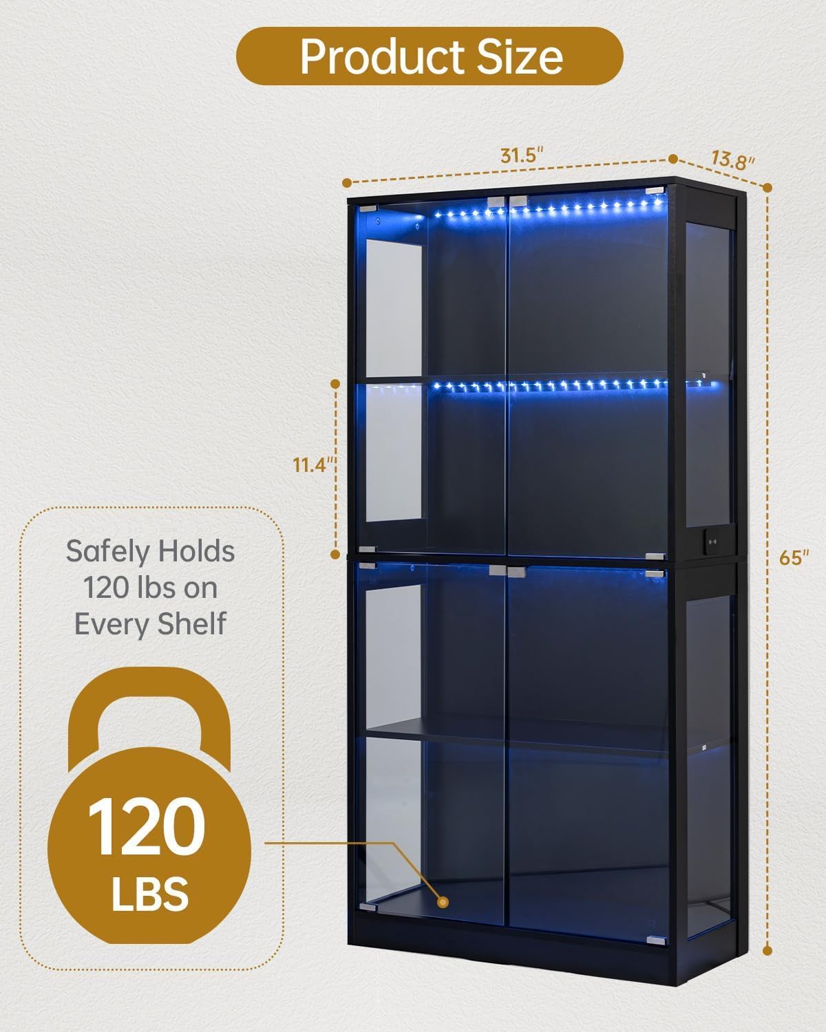 Glass Display Cabinet 2pcs, 65' Tall Display Case with RGB Lights Curio Cabinet with Glass Doors 4-Tier LED Storage Cabinet with Human Body Sensor & Press-To-Open for Collectibles Book Figure(Black)