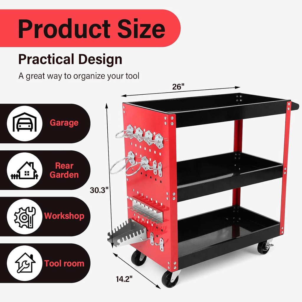 3 Tier Rolling Tool Cart, Mechanic Tool Cart on Wheels, for Garage, Warehouse, Workshop, Tool Room, Red & Black