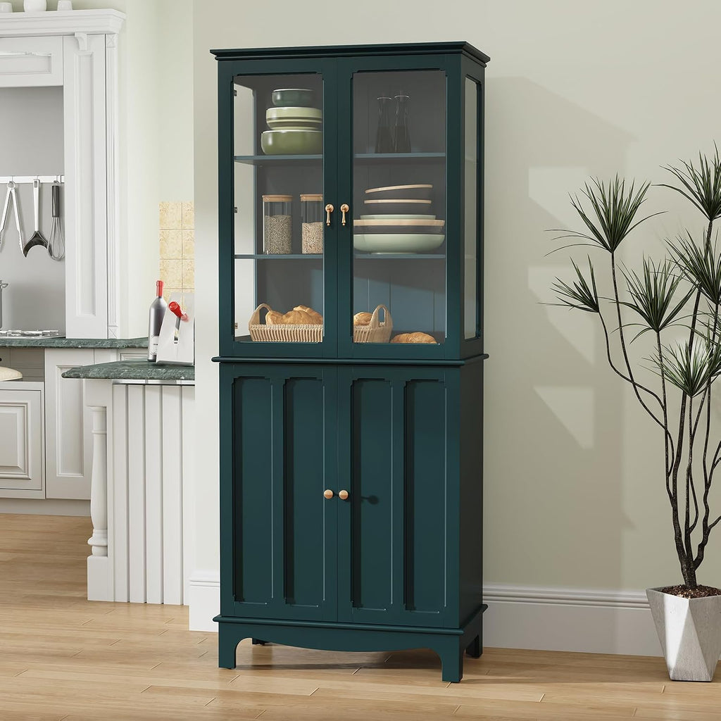 ARTPOWER 72' Freestanding Kitchen Pantry Storage Sideboard, Classical Tall Cabinet with Glass Door and Adjustable Shelves for Kitchen, Livingroom and Dining Room, Dark Teal