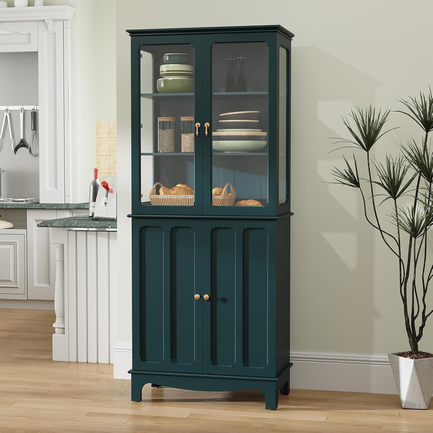ARTPOWER 72' Freestanding Kitchen Pantry Storage Sideboard, Classical Tall Cabinet with Glass Door and Adjustable Shelves for Kitchen, Livingroom and Dining Room, Dark Teal