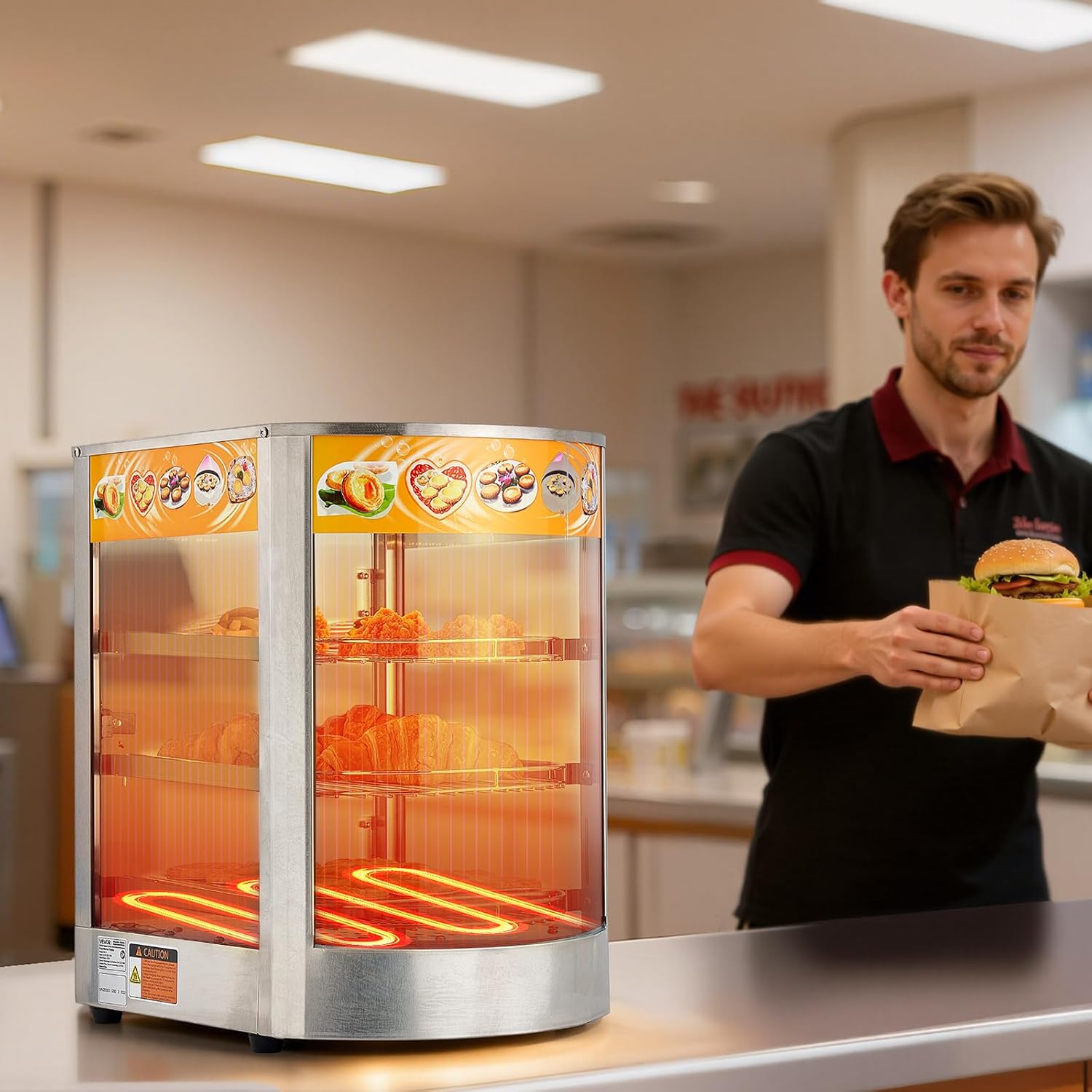 VEVOR 3-Tier Commercial Food Warmer Display, 800W Food Display Warmer with LED Light, Adjustable Shelf and Stainless Steel Frame, 86℉~185℉ Air Heating, 60L for Hamburger, Pizza, Bread, Fried Chicken