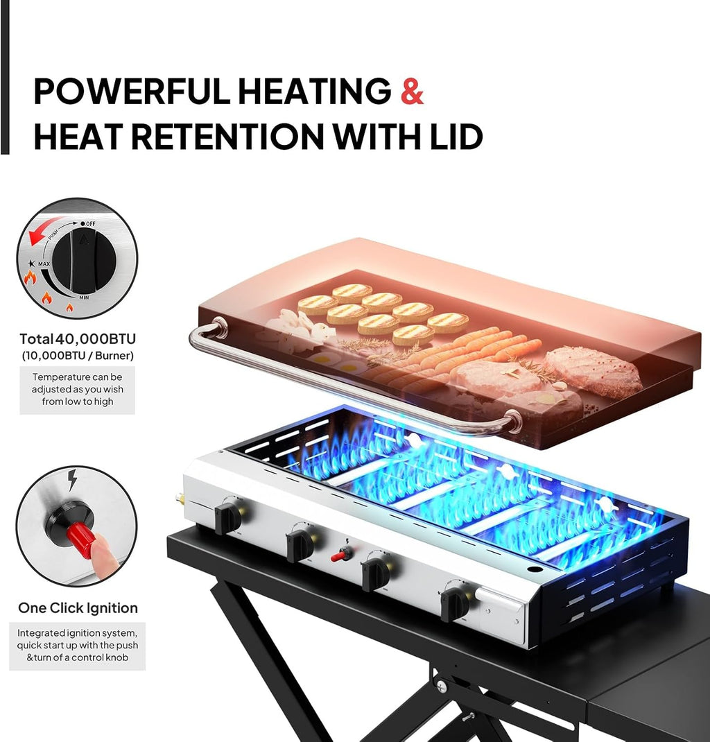 Bonnlo Foldable Flat Top Grill with 4 Burner & Lid, Powerful 40,000 BTU Propane Gas Grills with Ignition, Enamel Griddle, Side Shelf & Portable Cart with Wheels for Outdoor Camping Hibachi Grill Use