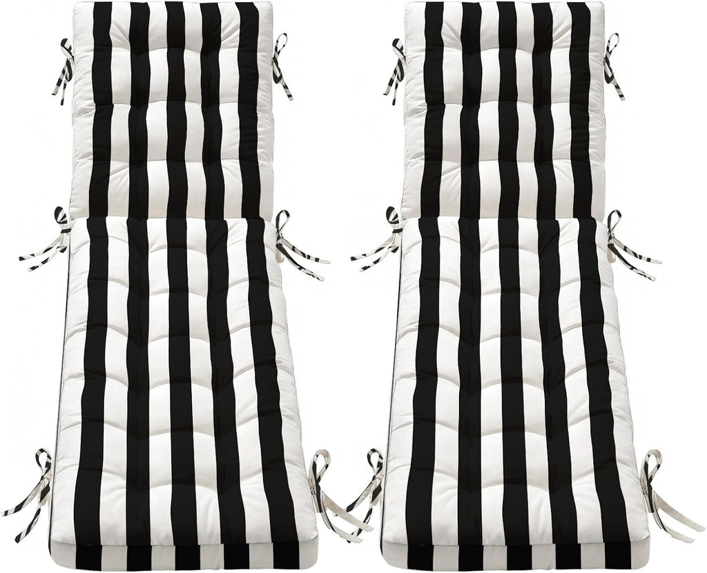 Folding Chaise Lounge Cushion Quick Dry - Outdoor Sun Lounger Seat Pad with Shredded Foam for Patio Furniture, Deck Chairs, Poolside (Black-White Stripe, 72 INCH × 21 INCH-2 Pack)