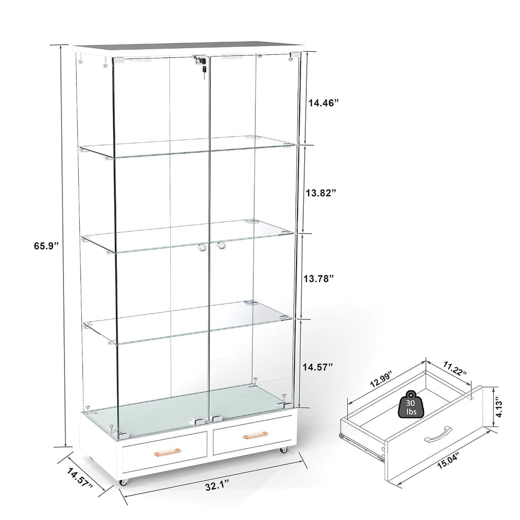 Modern Glass Display Cabinet with LED Light 4-Shelf Curio Cabinets with Storage Drawer and Wheels,Tempered Glass Display Shelf Bookcase for Living Room Home Office