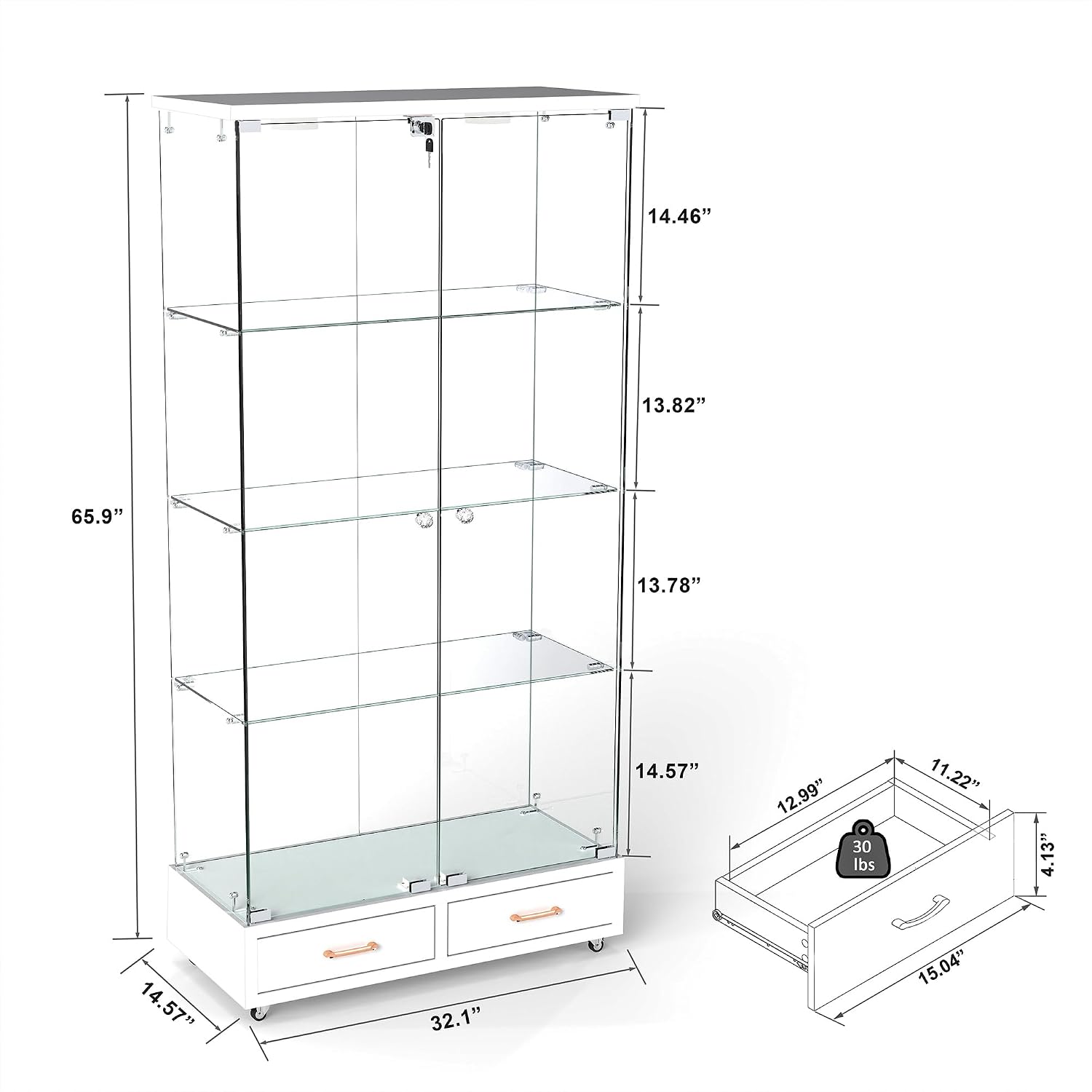 Modern Glass Display Cabinet with LED Light 4-Shelf Curio Cabinets with Storage Drawer and Wheels,Tempered Glass Display Shelf Bookcase for Living Room Home Office