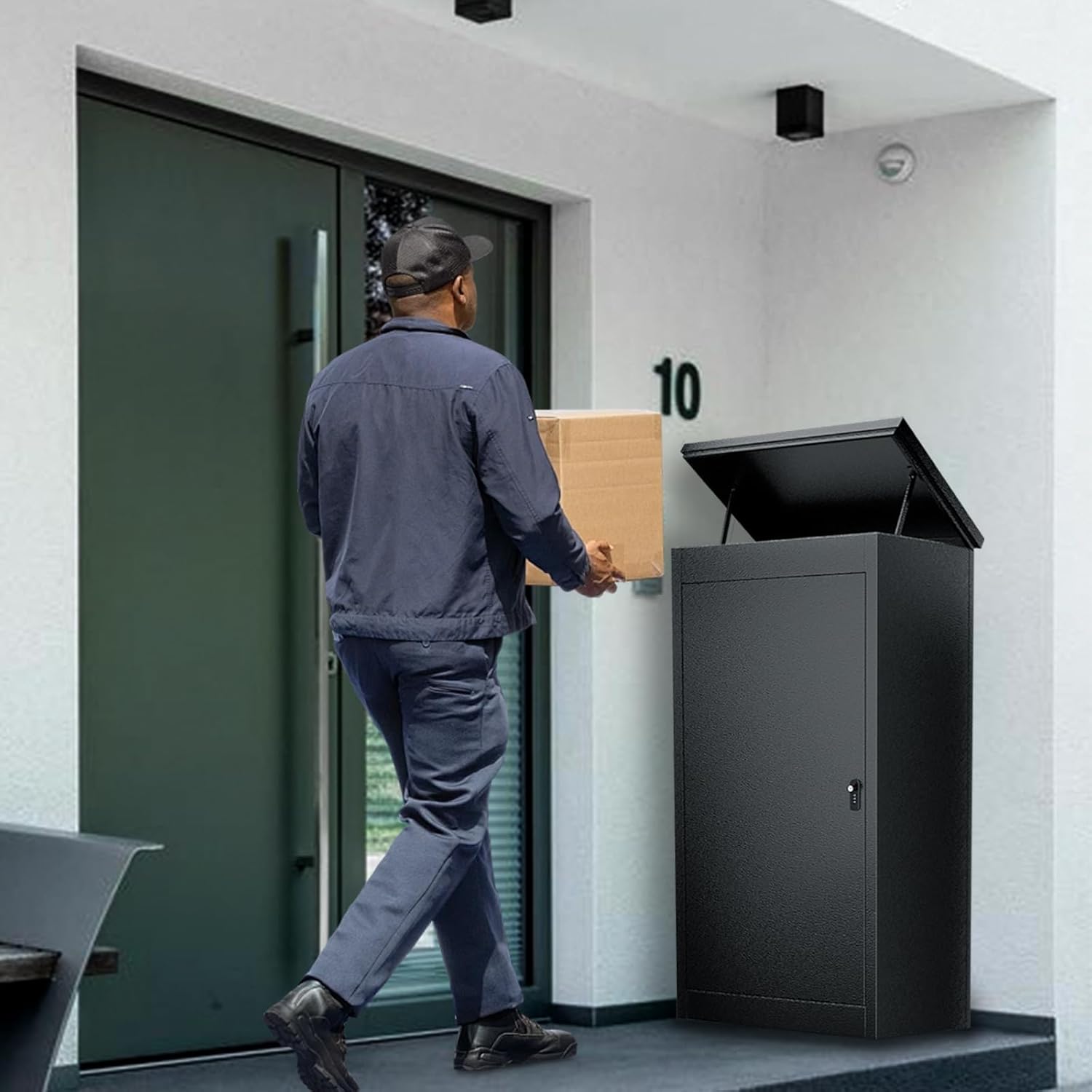 Package Delivery Box for Outside - 20.8 * 16.5 * 41.3IN Lockable Black Metal Parcel Drop Box, Anti-Theft, IPX3 Waterproof, Weather-Resistant Mailbox for Porch, Fence, Curbside (M)
