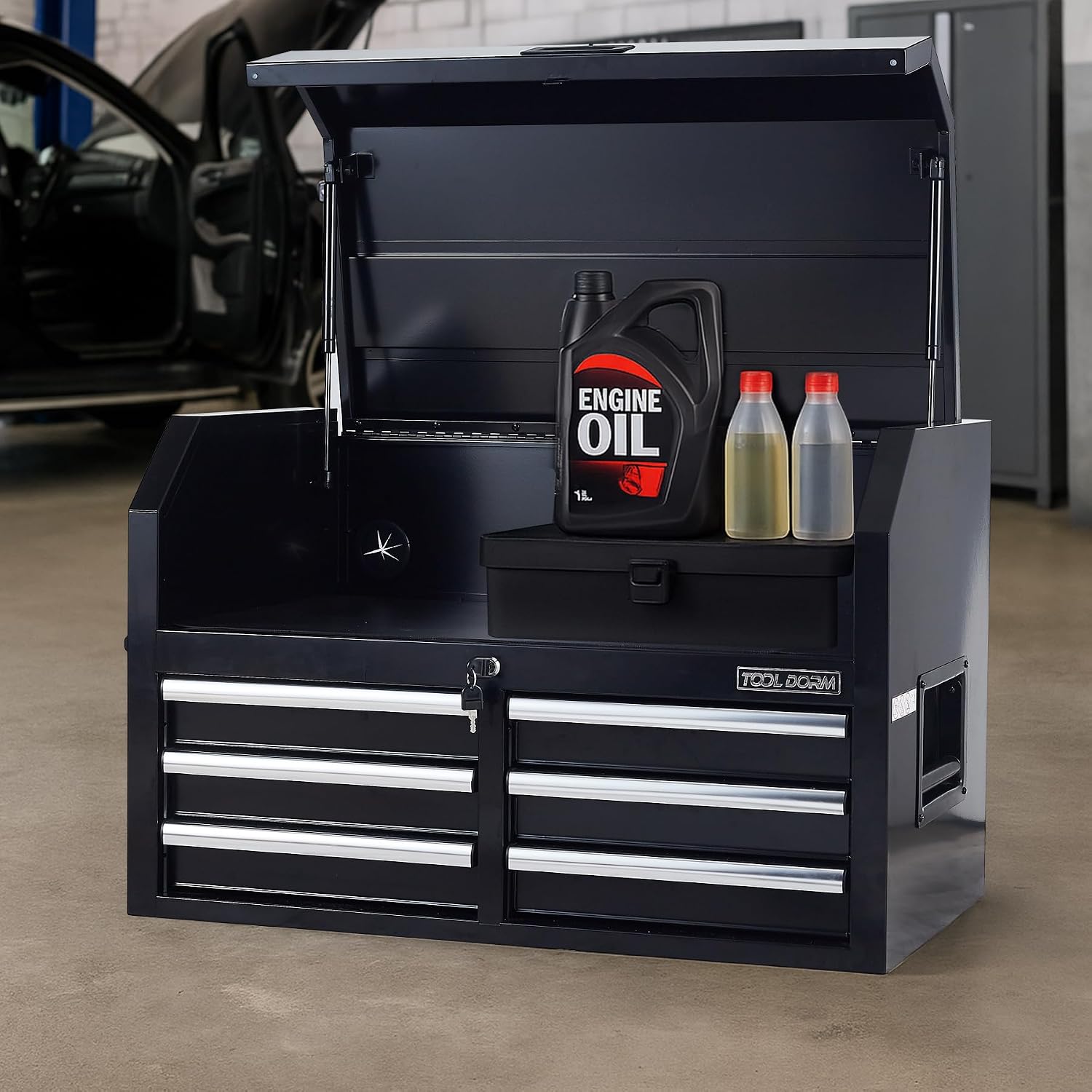 Tool Storage Cabinet, 3-Tier 6-Drawer Metal Tool Cabinet, Carry Handle, Ball Bearing Sliders, Black Powder Coating, Suitable for Garage, Warehouse, Workshop