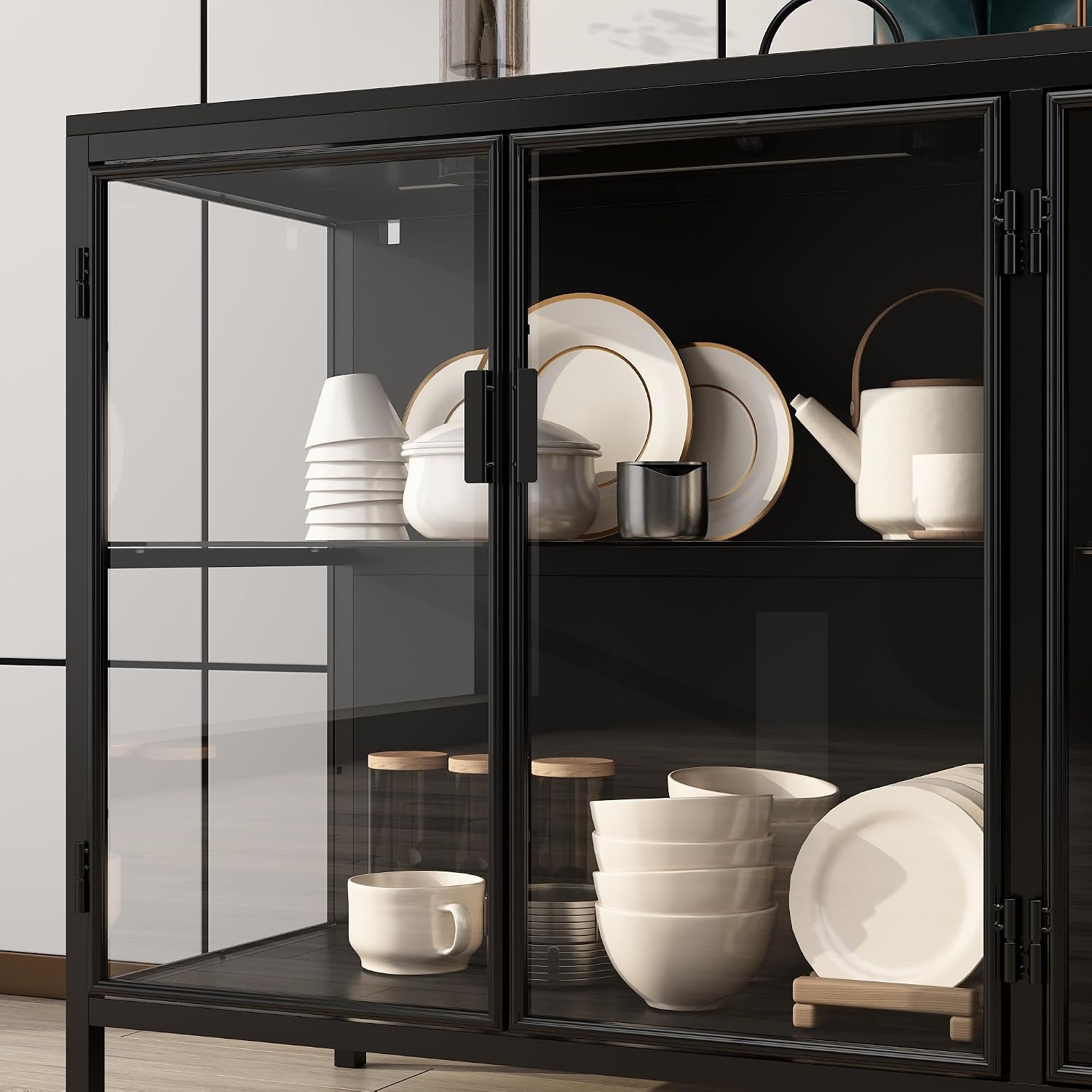 Sideboard Display Cabinet with Lights & 4 Glass Doors, Buffet Sideboard with Glass Shelf, Buffet Storage Cabinet for Living Room Kitchen, Black, 15.7'D x 55.1'W x 29.5'H