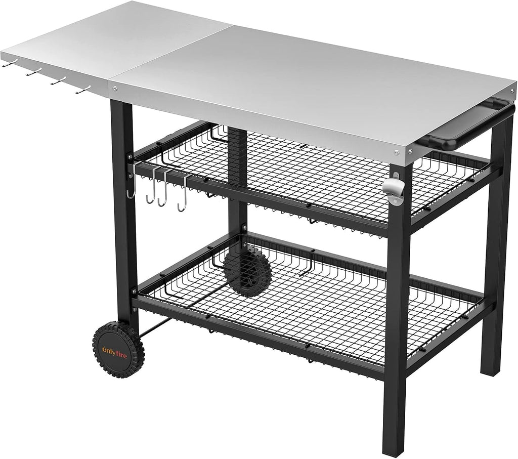 onlyfire Pizza Oven Table Cart for Ooni, Ninja Woodfire, Blackstone Griddle, Cuisinart Pizza Oven, Outdoor Stainless Steel Food Prep Table Movable Food Prep Cart Grill Stand with Storage Basket