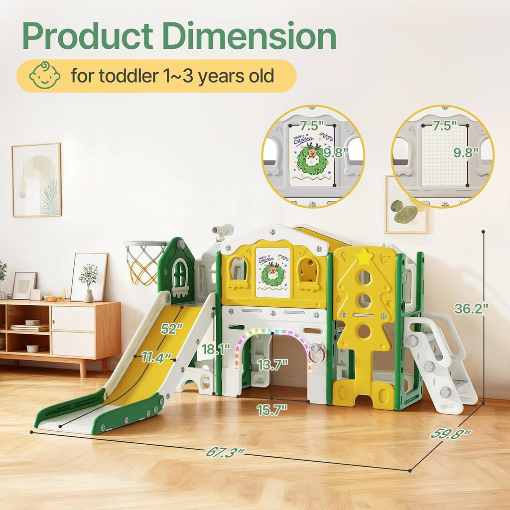BIERUM 10 in 1 Toddler Slide Set - Baby Slide for Toddlers 1-3 with Colorful Lights, Drawing Board and Building Blocks Board, Indoor Outdoor Toddler Playset Playground, Green Yellow