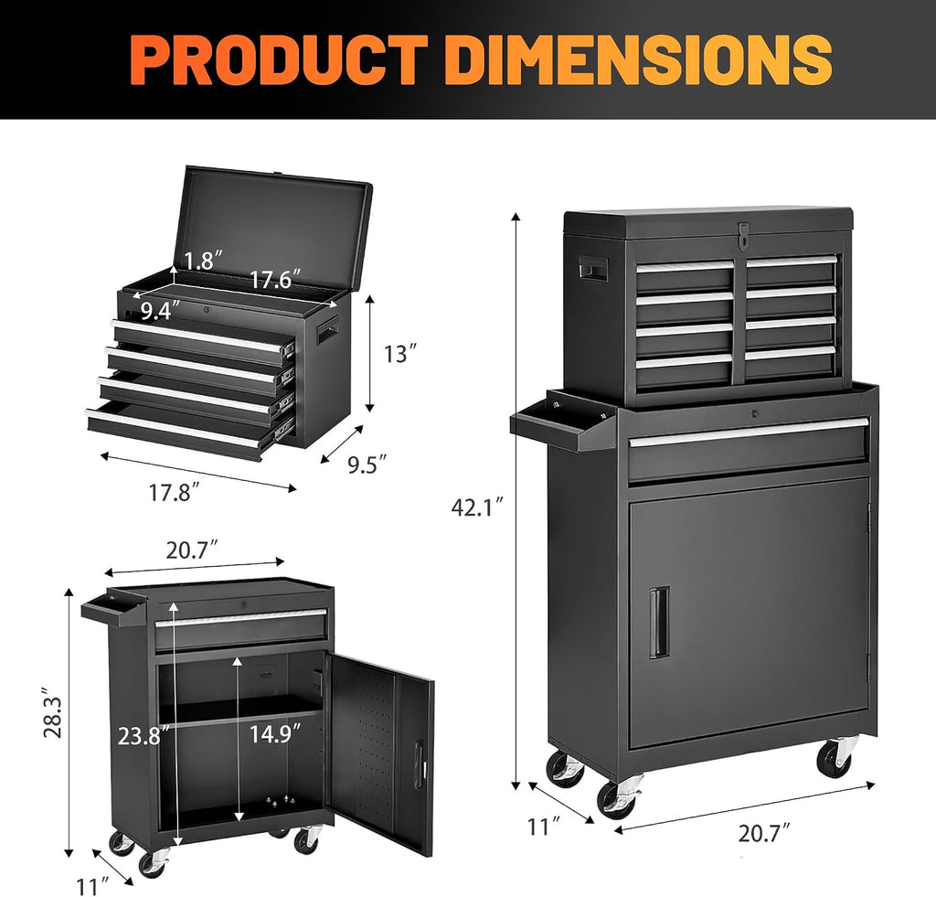 5-Drawer Rolling Tool Storage Chest Cabinet with Detachable Top Tool Box, Liner, Universal Lockable Wheels,37.6'x 20.7'x 11' Expandable, Locking Mechanism, Metal Tool Cart for Garage Workshop