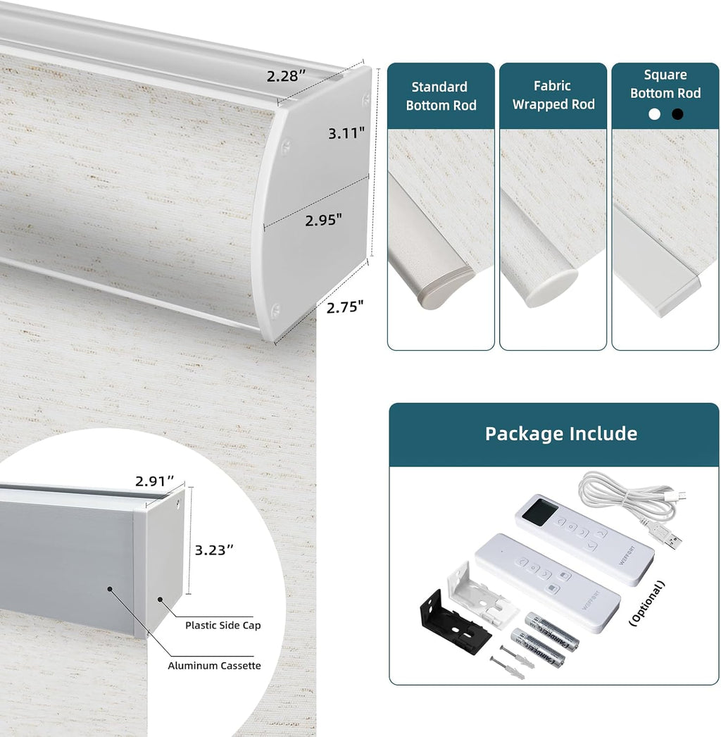 Motorized Roller Shade, 100% Blackout Smart Window Blinds Work with Homekit, Alexa, Google Home, Remote Control, Electric Blinds with USB/Solar Pannel Charging, Linen White