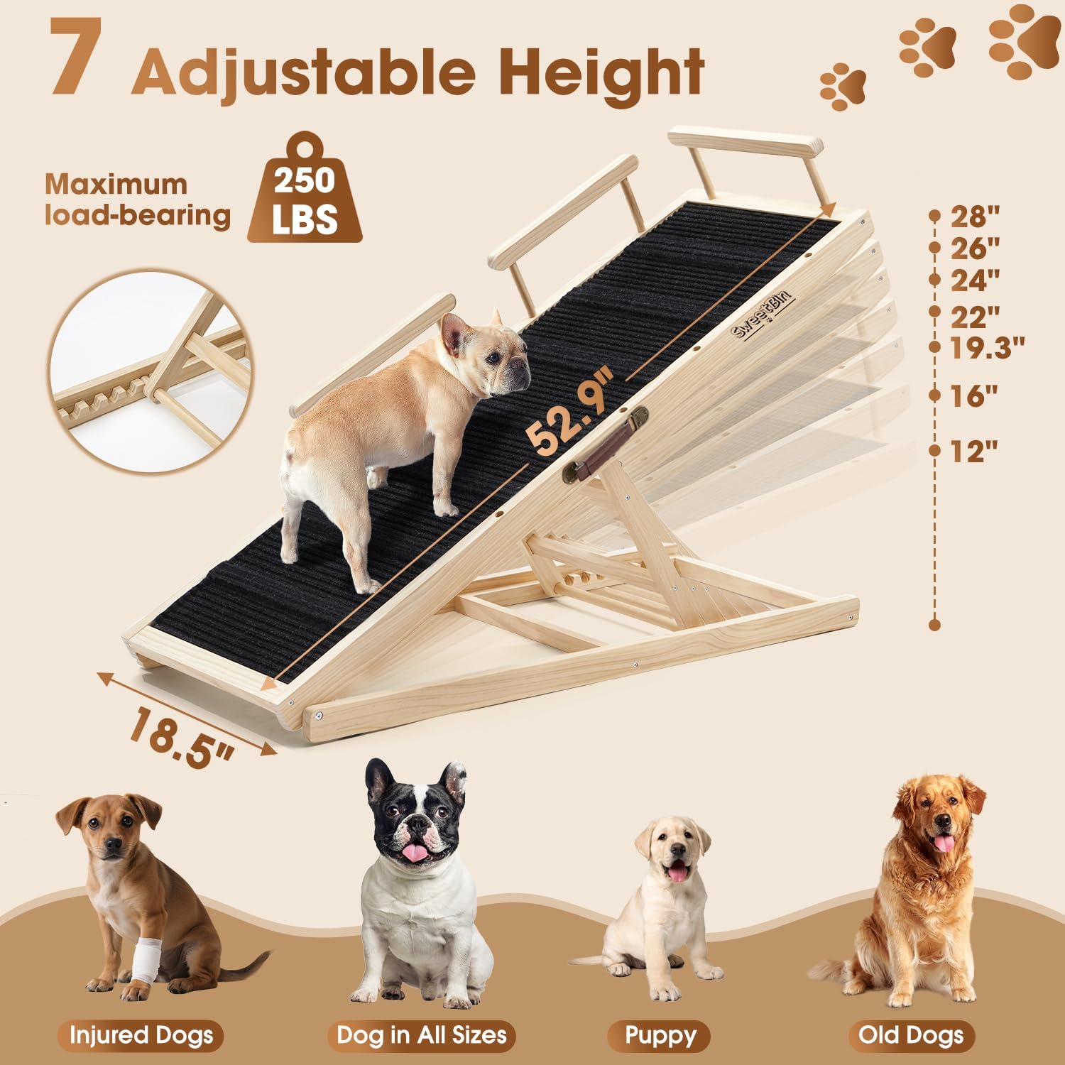 Dog Ramp for Bed - 52.9' Long Adjustable 12' to 28' Wooden Pet Ramp for Small Large Older Dogs - Dog Ramps for High Beds Couch Car - Dog Steps with High Traction Mat & Safety Side Rails Up to 250LB