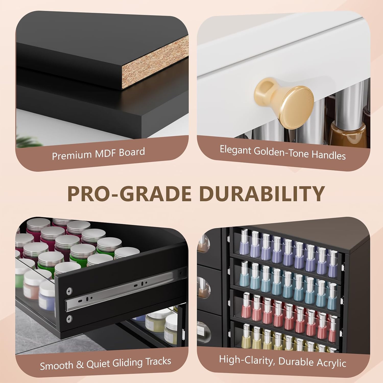OmySalon Nail Salon Organizer Cabinet, 32' L Floor Storage with 8 Clear & 4 Visual Drawers, Wooden Display for Polish & Powder, Beauty Salon Furniture (Black, 32'' Length)