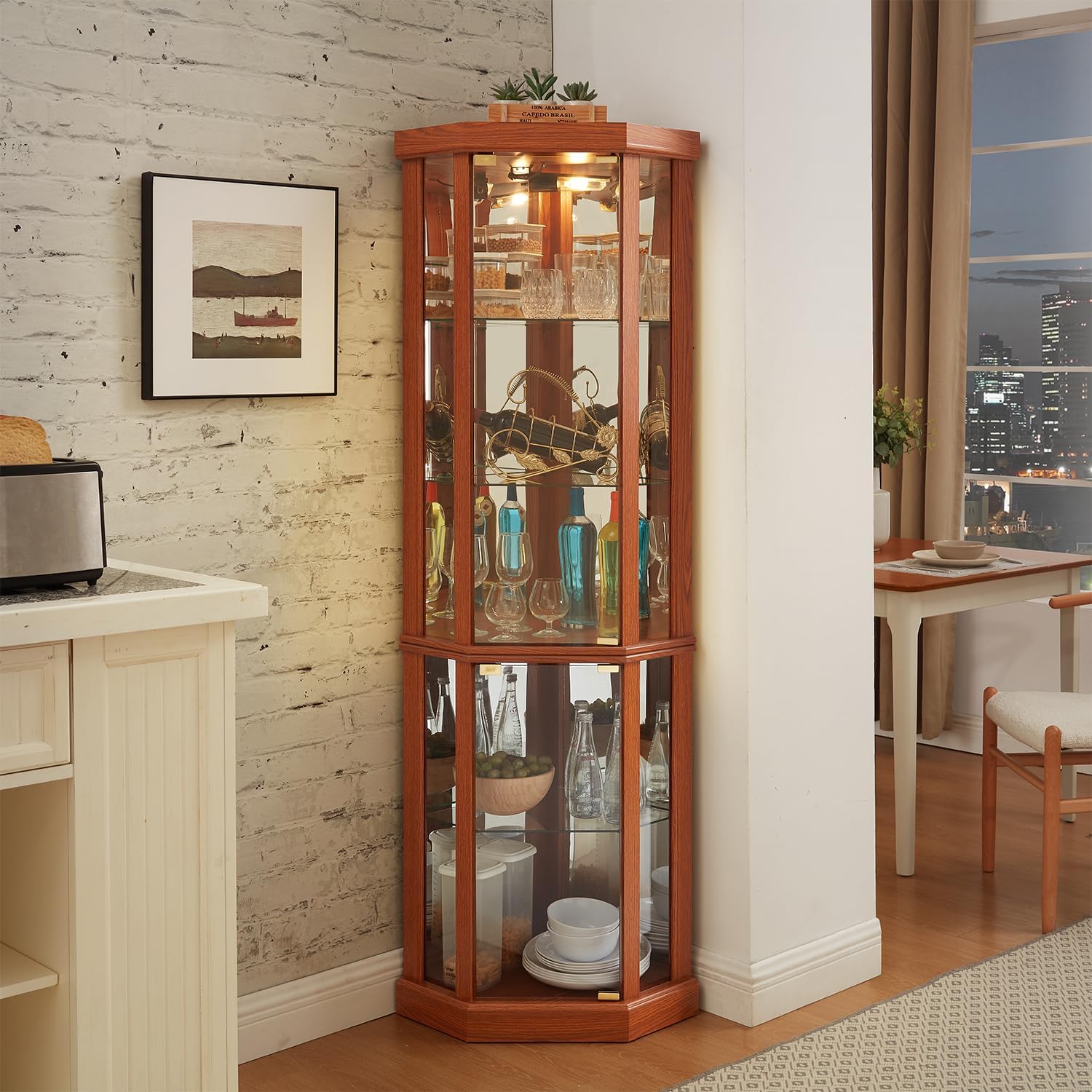 69' H Lighted Corner Display Cabinet, 5-Tier Wooden Curio Glass Cabinet with Adjustable Shelves & Glass Door, Corner Storage Display Case with Mirrored Back Pane for Living Room (Dark Oak)
