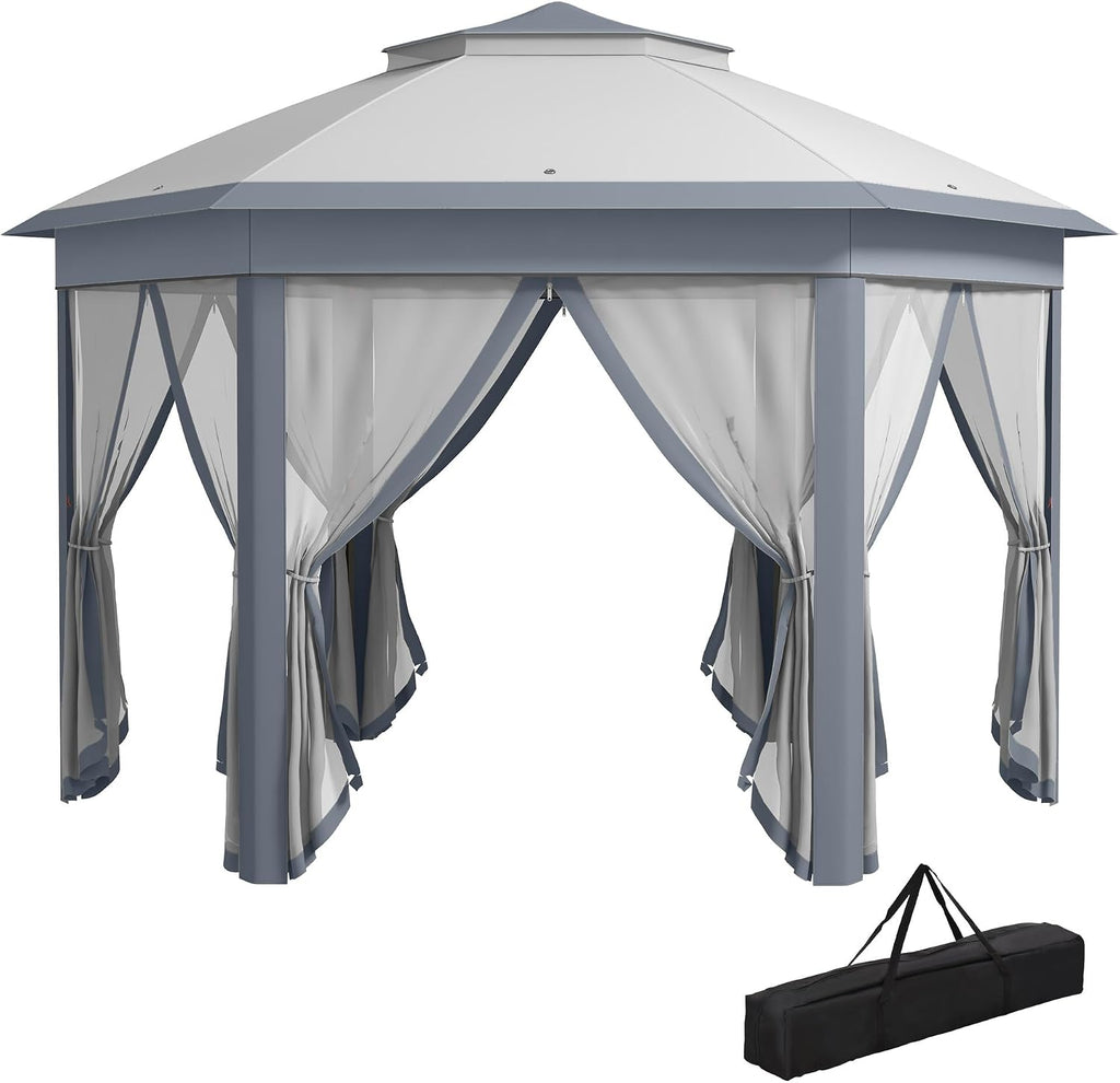 Outsunny 13' x 13' Pop Up Gazebo, Hexagonal Canopy Shelter with 6 Zippered Mesh Netting, Event Tent with Strong Steel Frame for Patio Backyard Garden Wedding Party, Gray