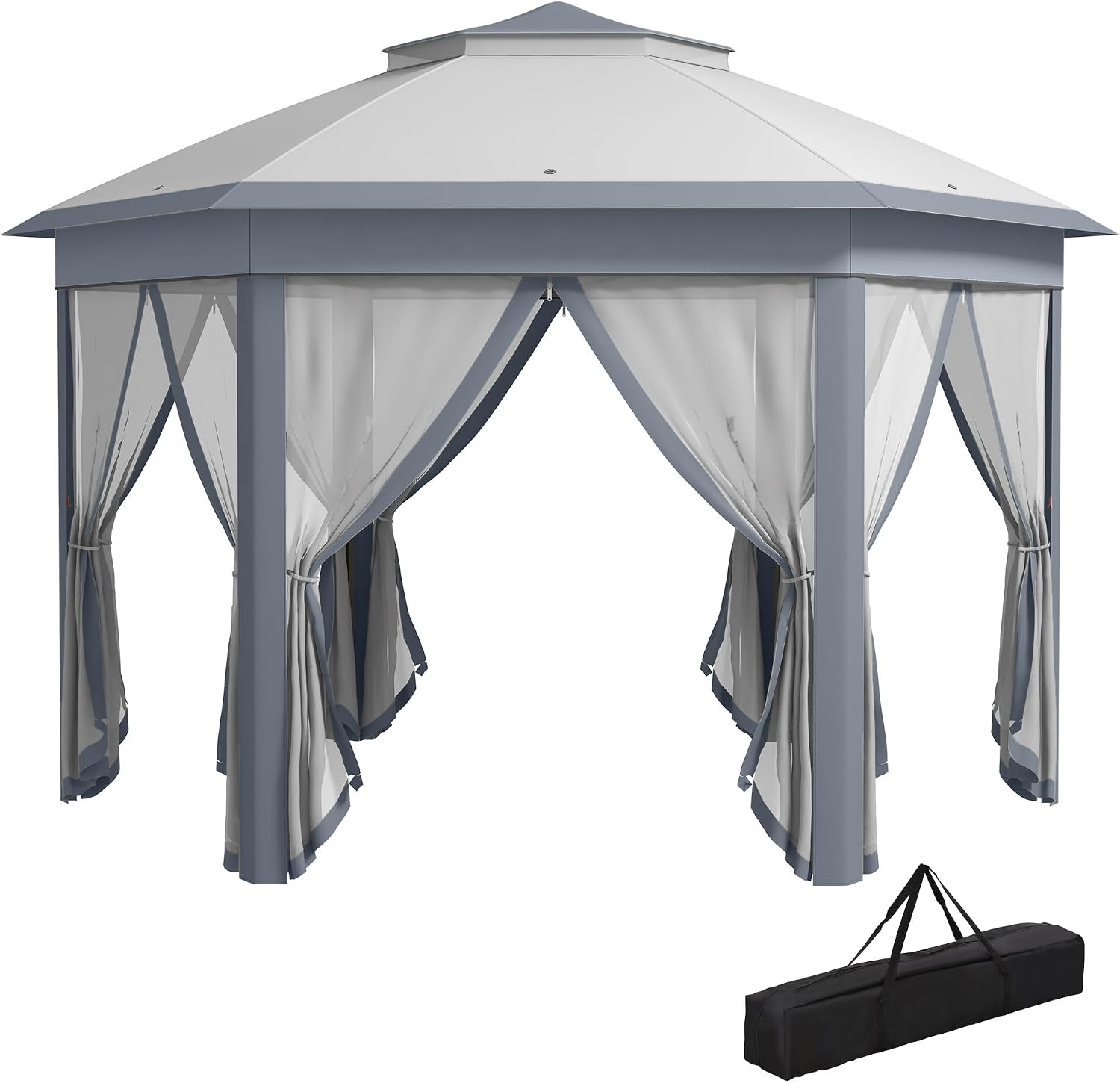 Outsunny 13' x 13' Pop Up Gazebo, Hexagonal Canopy Shelter with 6 Zippered Mesh Netting, Event Tent with Strong Steel Frame for Patio Backyard Garden Wedding Party, Gray