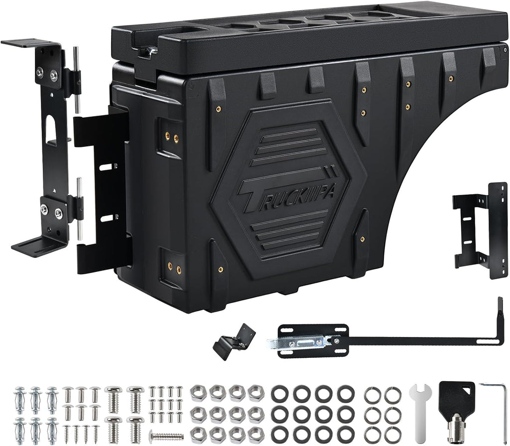 Truckiipa Truck Bed Storage Box, Universal Double Layer Thicken Truck Bed Toolbox Waterproof Lockable Wheel Well Tool Box for Truck, Swing Case Fit Most Truck Driver & Passenger Side, 20L/5.28GAL