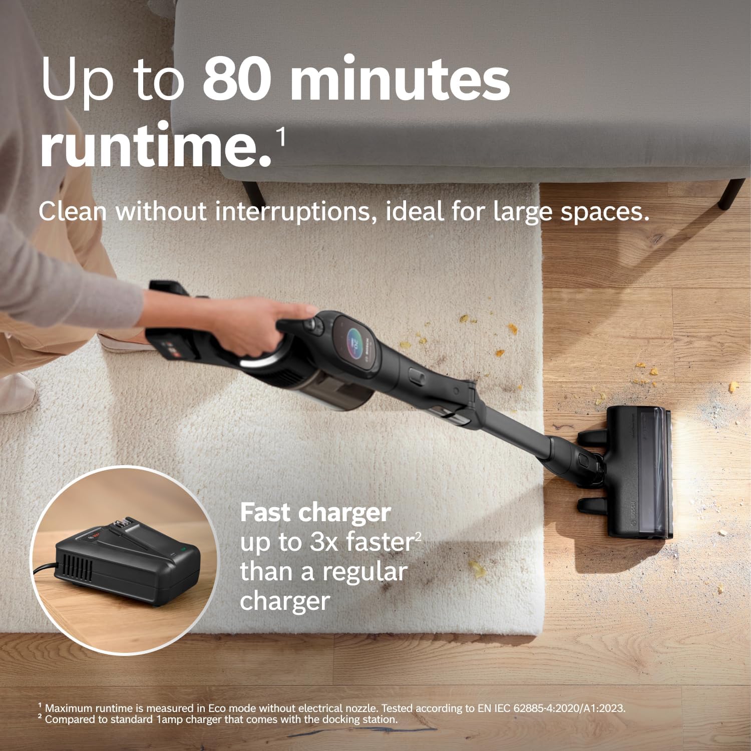 Bosch Unlimited 10 Cordless Stick Vacuum Cleaner - Up to 80 Min Battery, Fast Charger, Pet Hair, Hard Floors and Carpets, HEPA Filter, MicroClean Brush, Bendable Tube, 6 Accessories, Black