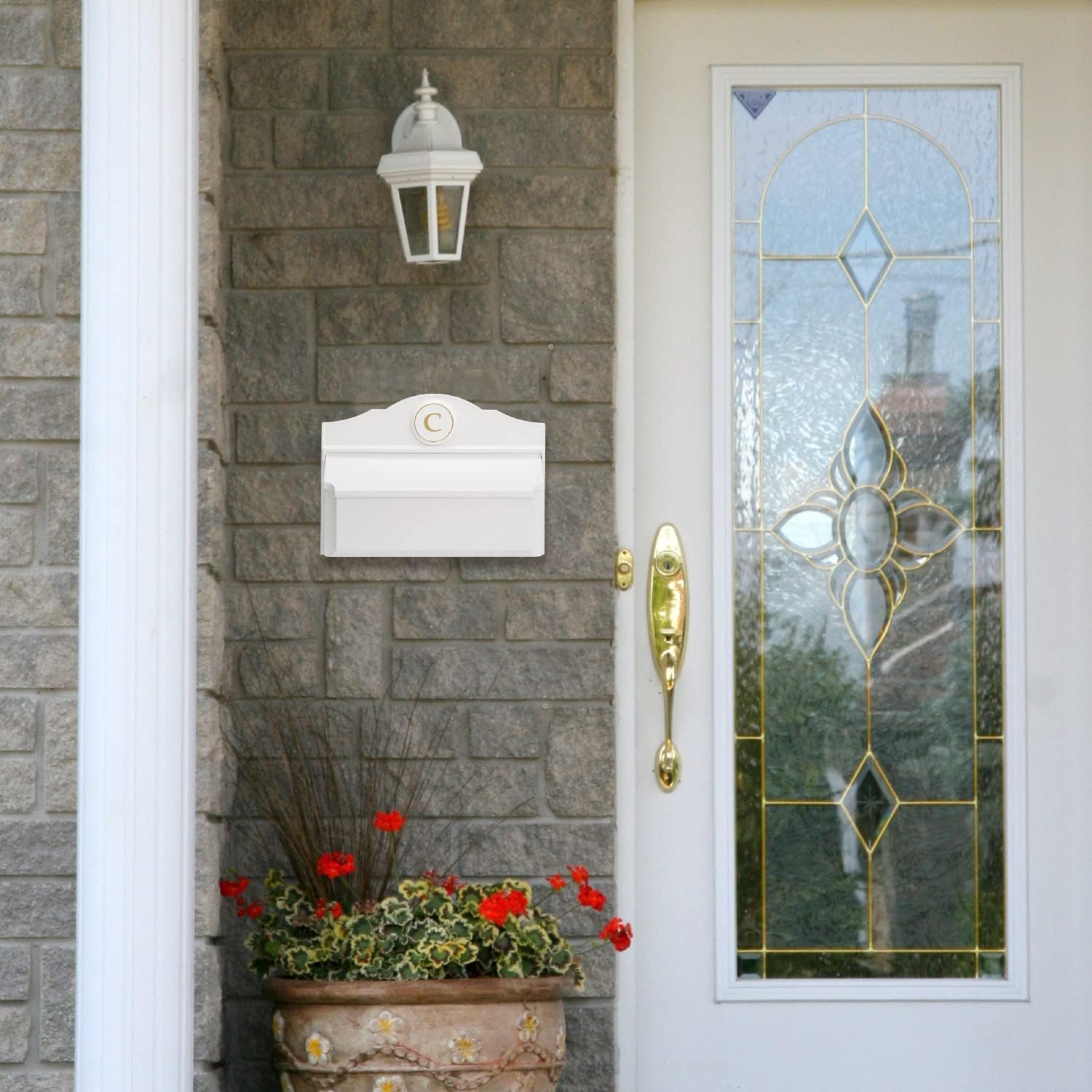 Whitehall Custom Wall Mount Mailbox Package - Mail Box with Monogram, Sand Cast Aluminum, Classic Design White Personalized in Goldtone