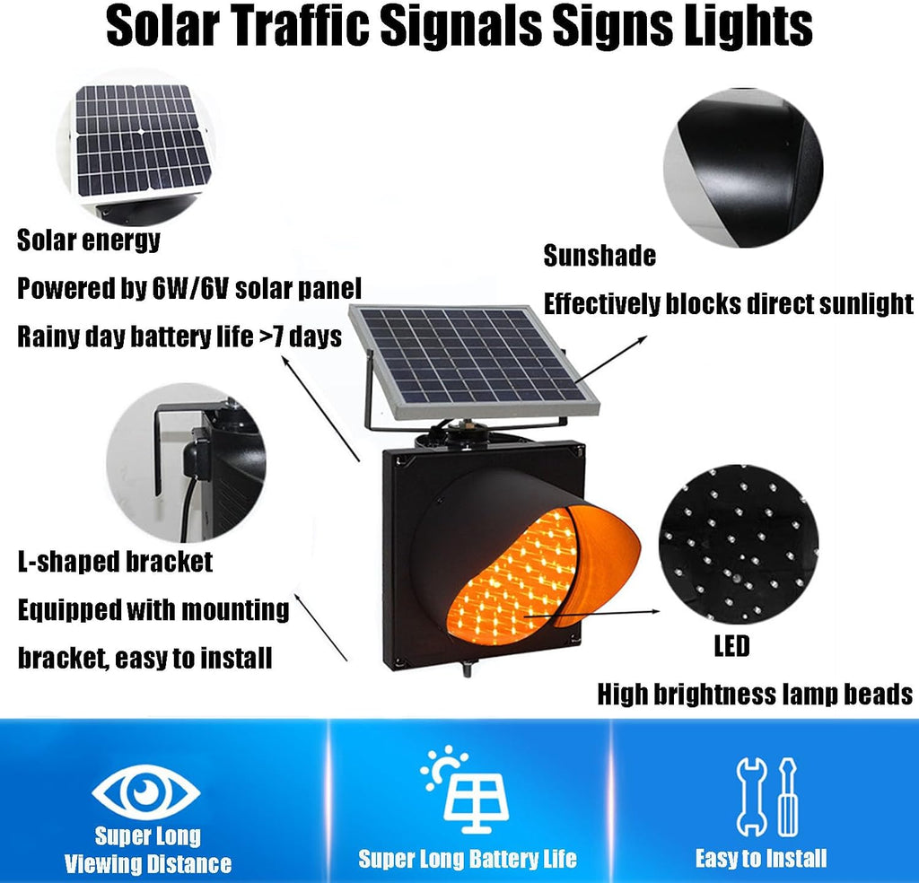 Solar Traffic Signal Light, Yellow Flashing Warning Sign for Road Safety, IP65 Waterproof Emergency Lamp, 20cm/30cm/40cm Sizes, Durable PC Shell Traffic Light