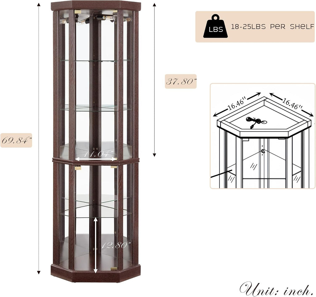 Corner Curio Cabinet, 70' H Lighted Glass Display Cage with Tempered Glass Doors and 5 Adjustable Shelves, Light Bulb Inclued, Wine Bar China Cabinet for Living Room (Dark Cherry)