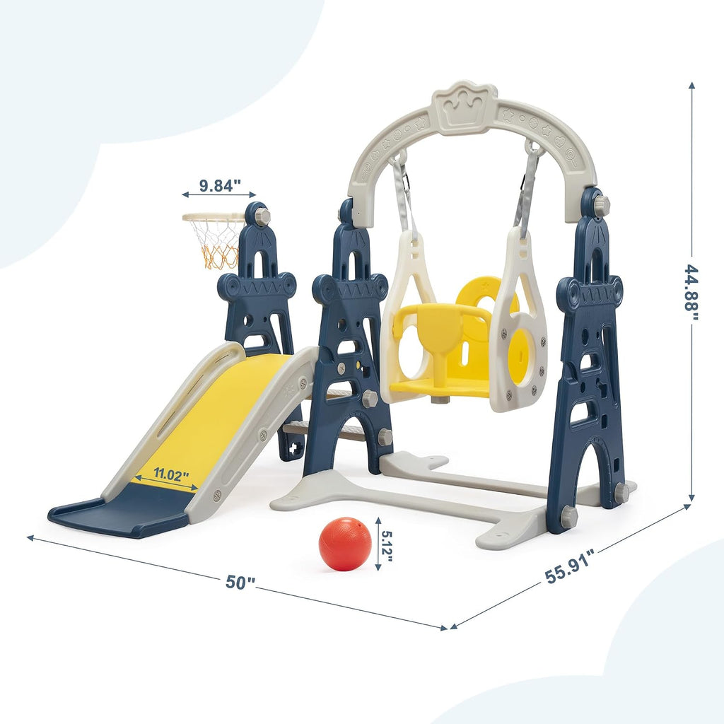 3-in-1 Kids Slide for Toddlers Age 1-3 Slide and Swing Set,Indoor Playground for Children,Freestanding Outdoor Slides with Basketball Hoop,Outside Climber Playhouses,Baby Climbing Toys Blue