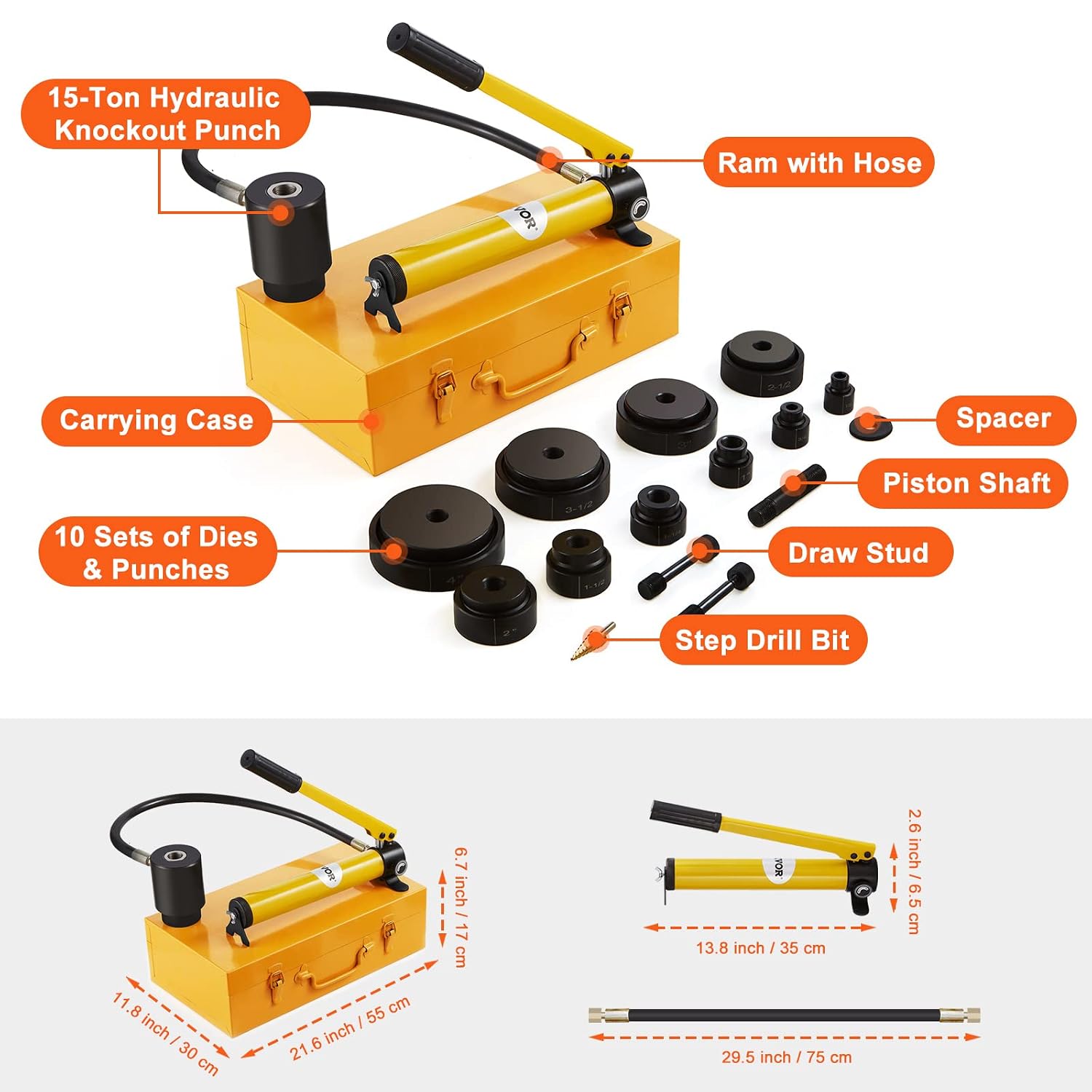 VEVOR 15 Ton Hydraulic Knockout Punch Kit, 1/2' to 4' Conduit Hole Cutter Set, KO Tool Kits W/Puncher 10 Piece, Metal Sheet Driver Tools, for Aluminum, Brass, Stainless Steel, Fiberglass and Plastic