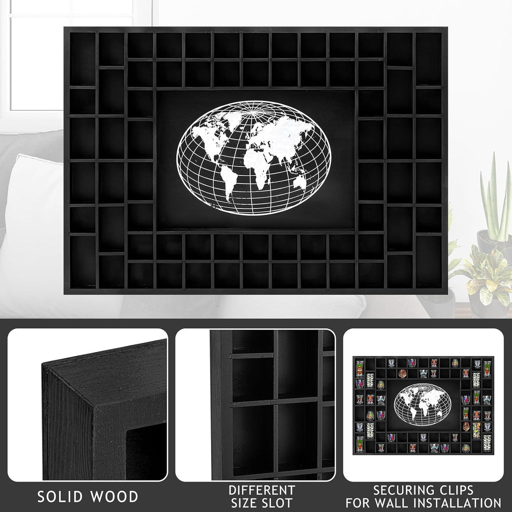 GlikCeil Large World Map 68 Slots Shot Glass Display Case 40 x 28'' Rustic Wood Shot Glass Holder for 7 Sizes Wineglass Bar Shelf Organizer Wall Mount Storage Shadow Cabinet Decor (Black)