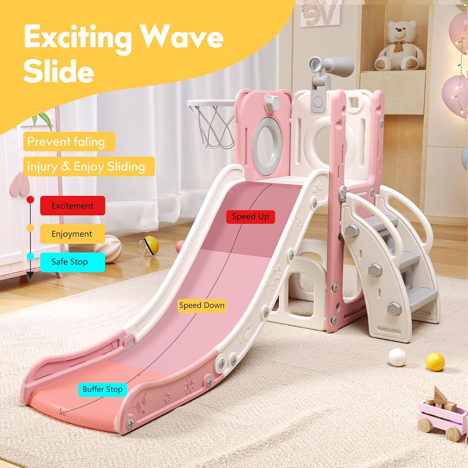 6 in 1 Toddler Playset with Slide,Toddler Slide,Slide for Kids with Basketball Hoop,Ball,Ring Toss,Kids Slide Toddler Playground Toddler Slide Indoor Outdoor Toys