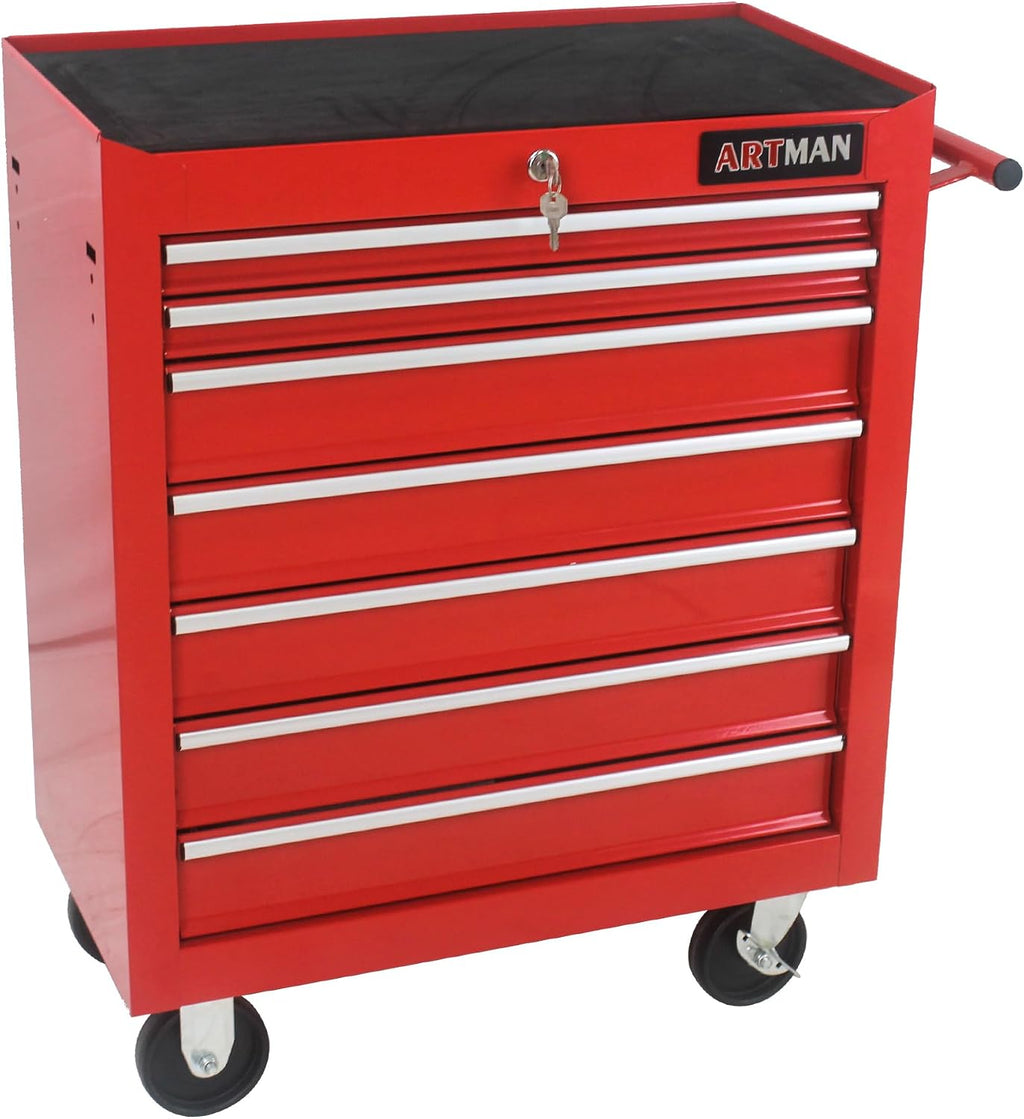 Rolling Tool Cabinet with 7 Drawers, Heavy Duty Steel Tool Cart on Wheels, Lockable Garage Tool Storage Cabinet, 300 lb Capacity, Ball-Bearing Slides, Powder-Coated Finish, Red