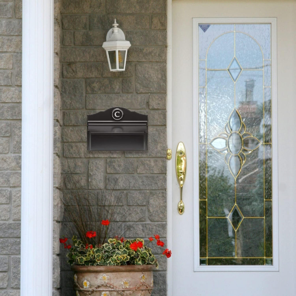 Whitehall Custom Wall Mount Mailbox Package - Mail Box with Monogram, Sand Cast Aluminum, Classic Design Black Personalized in Silver