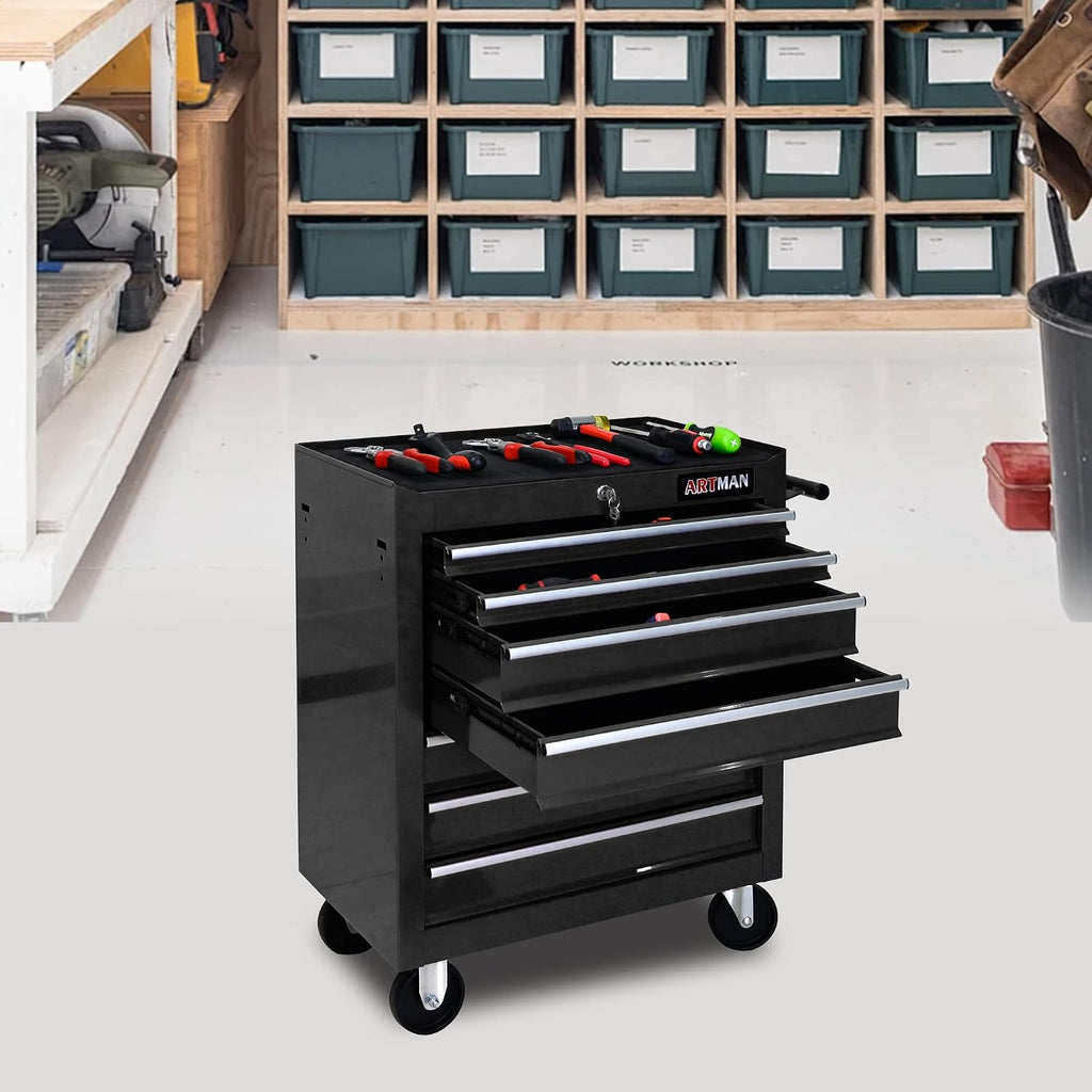 7 Drawers Tool Cart on Wheels, 7 Drawer Rolling Tool Chest with Key Lock, Trolley Organizer Tool Case, Multifunctional Rolling Tool Box for Garage,Warehouse,Workshop,Repair Shop (Black)