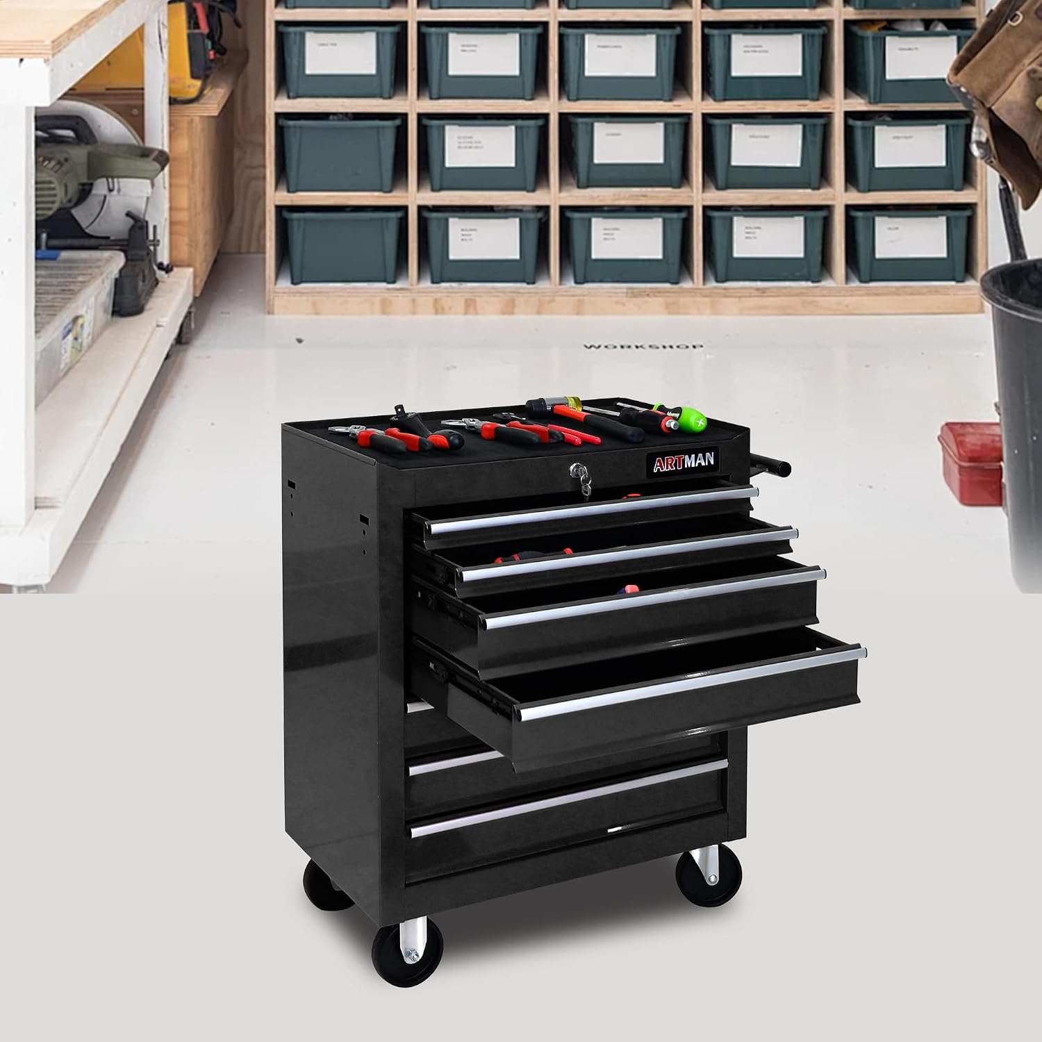 7 Drawers Tool Cart on Wheels, 7 Drawer Rolling Tool Chest with Key Lock, Trolley Organizer Tool Case, Multifunctional Rolling Tool Box for Garage,Warehouse,Workshop,Repair Shop (Black)