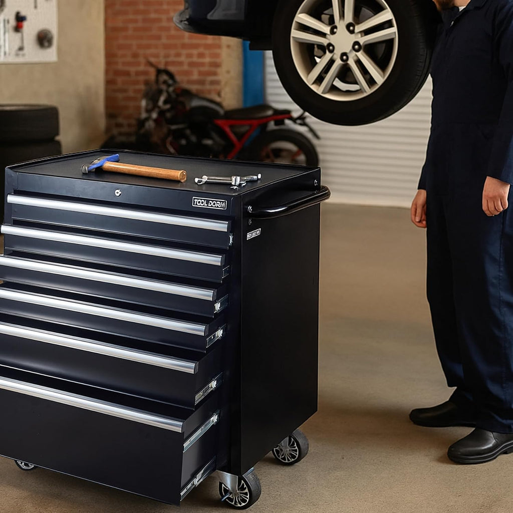 Tool Chest, 6 Drawers Rolling Tool Cabinet, Lockable Wheels, Ball Bearing Sliders, Black Powder Coating, Metal Tool Storage Cart, Suitable for Garage, Warehouse, Workshop