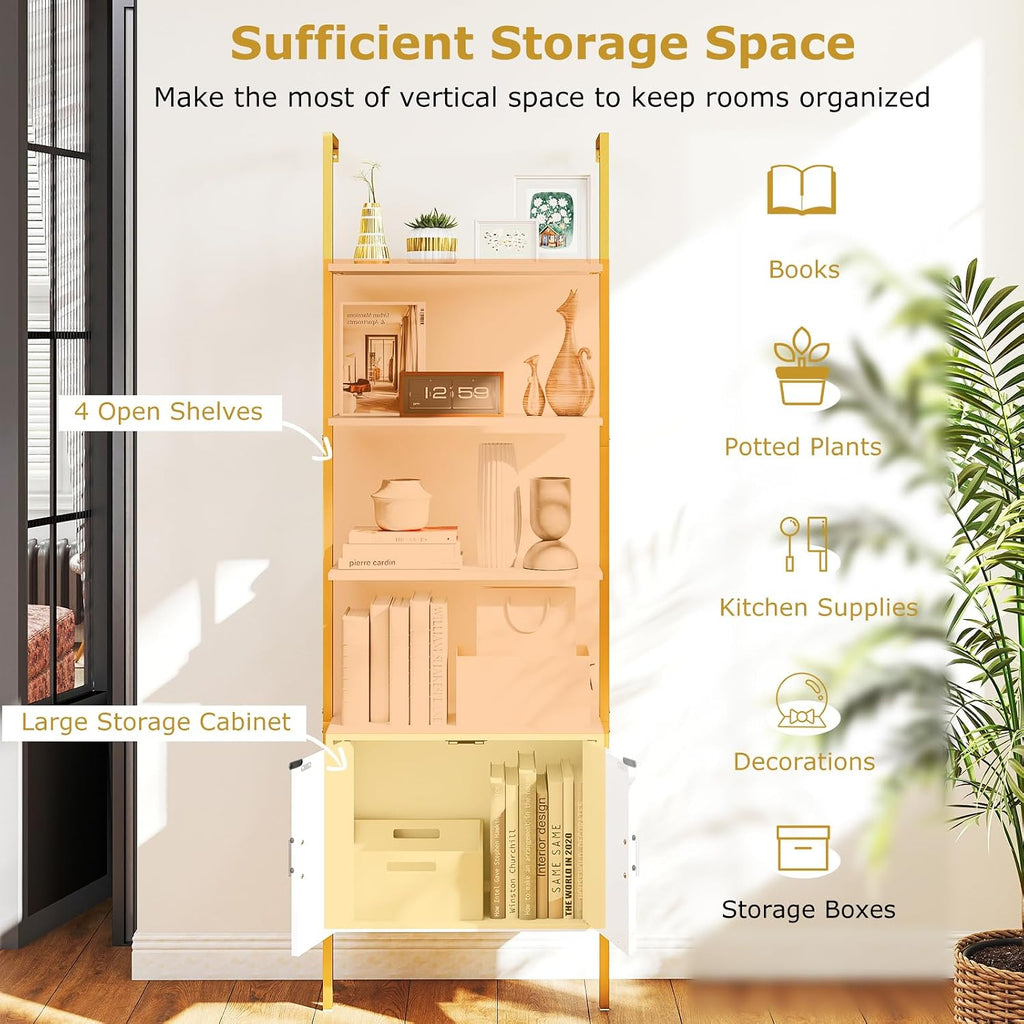 Giantex 5-Tier Wall-Mounted Ladder Shelves Set of 2, 72.5' Tall Bookshelf w/ 2-Door Cabinet, Modern Style Kitchen Open Shelving Organizer, Heavy-Duty Metal Frame Display Rack for Living Room