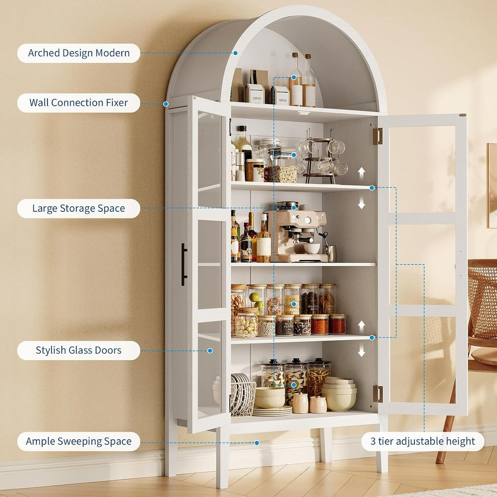 70 in Tall Arched Kitchen Pantry Cabinet with LED Lights, Modern Wood Arched Bookshelf with Glass Doors & Adjustable Shelves, Elegant Display Cabinet for Kitchen, Dining Room, Living Room