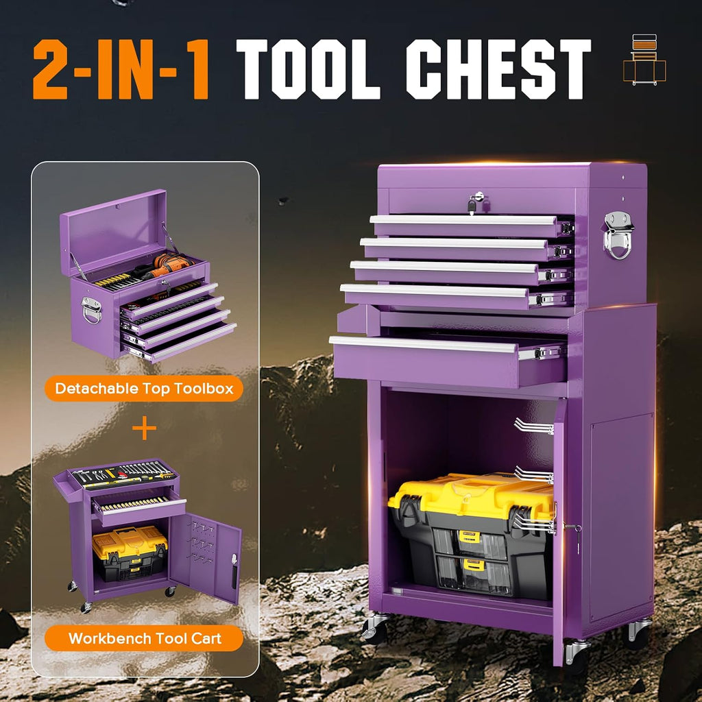 Incbruce Metal Rolling Tool Chest with 5 Drawers, 2 in 1 Detachable Garage Tool Box for Warehouse and Workshop (Purple)