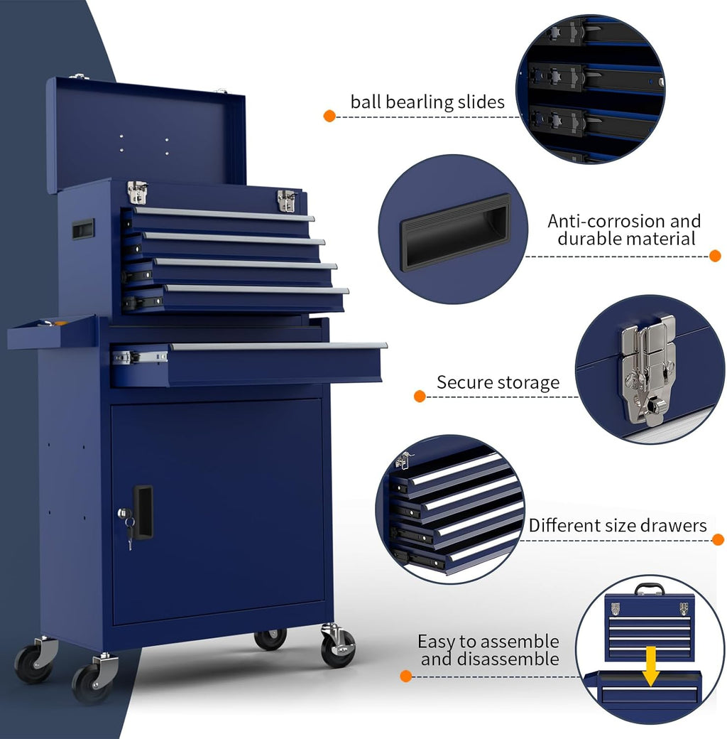 5-Drawer High Capacity Rolling Tool Box, Removable Cabinet Storage Tool Chest with Wheels and Drawers, Detachable Toolbox with Lock for Mechanics Garage Workshop and Tool Room (Blue)