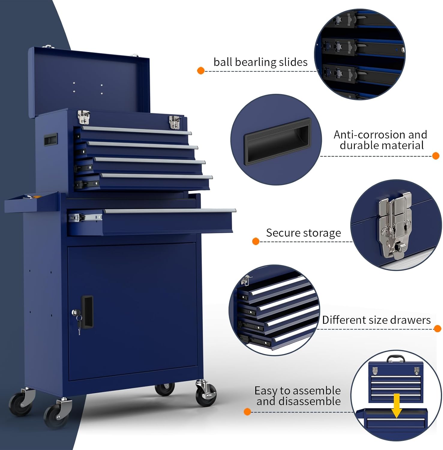 5-Drawer High Capacity Rolling Tool Box, Removable Cabinet Storage Tool Chest with Wheels and Drawers, Detachable Toolbox with Lock for Mechanics Garage Workshop and Tool Room (Blue)
