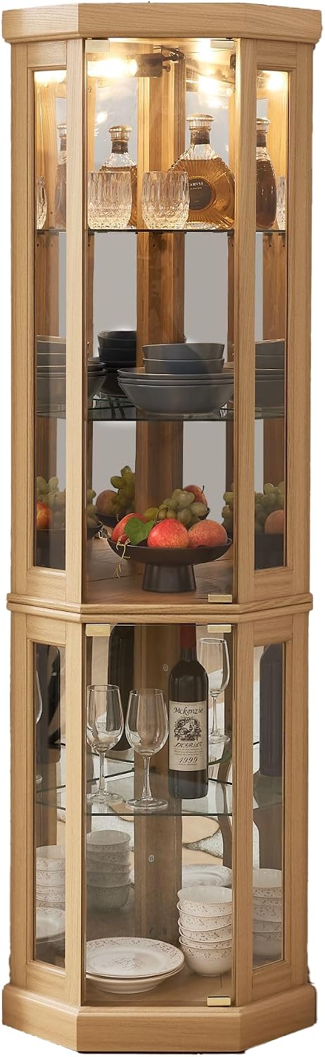 Corner Curio Cabinet, 70' H Lighted Glass Display Cage with Tempered Glass Doors and Adjustable Shelves, Bulb Inclued, Wine Bar China Cabinet for Living Room Liquor Storage (Light Oak)