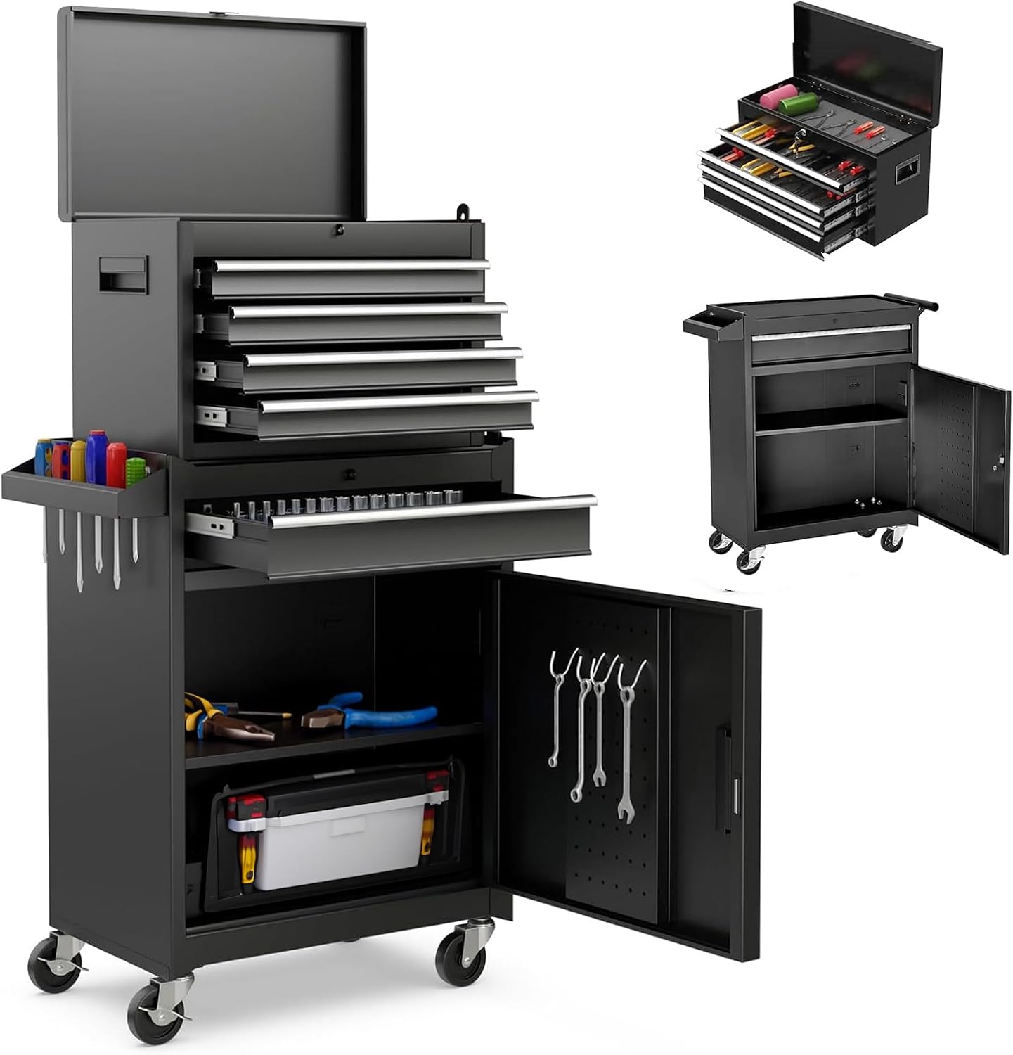 5-Drawer Rolling Tool Storage Chest Cabinet with Detachable Top Tool Box, Liner, Universal Lockable Wheels,37.6'x 20.7'x 11' Expandable, Locking Mechanism, Metal Tool Cart for Garage Workshop