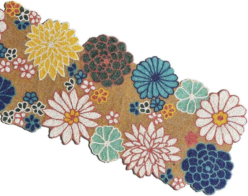 HM Creations Multicolor Table Runner Beaded Table Runner, Floral Summer Table Runner and Mats 13X36 Inch Beaded Multicolor Floral Table Runner for Center Table, Dinning Decoration. (6 Place Mats)
