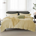 Cooling Duvet Cover Set 3 Pieces-100% Washed Cotton with Chic Wide Trim Design Linen Like Textured Ultra Soft Cozy Bedding with Zipper Closure(Hemmed Pale Yellow,Oversized King 120'x98')