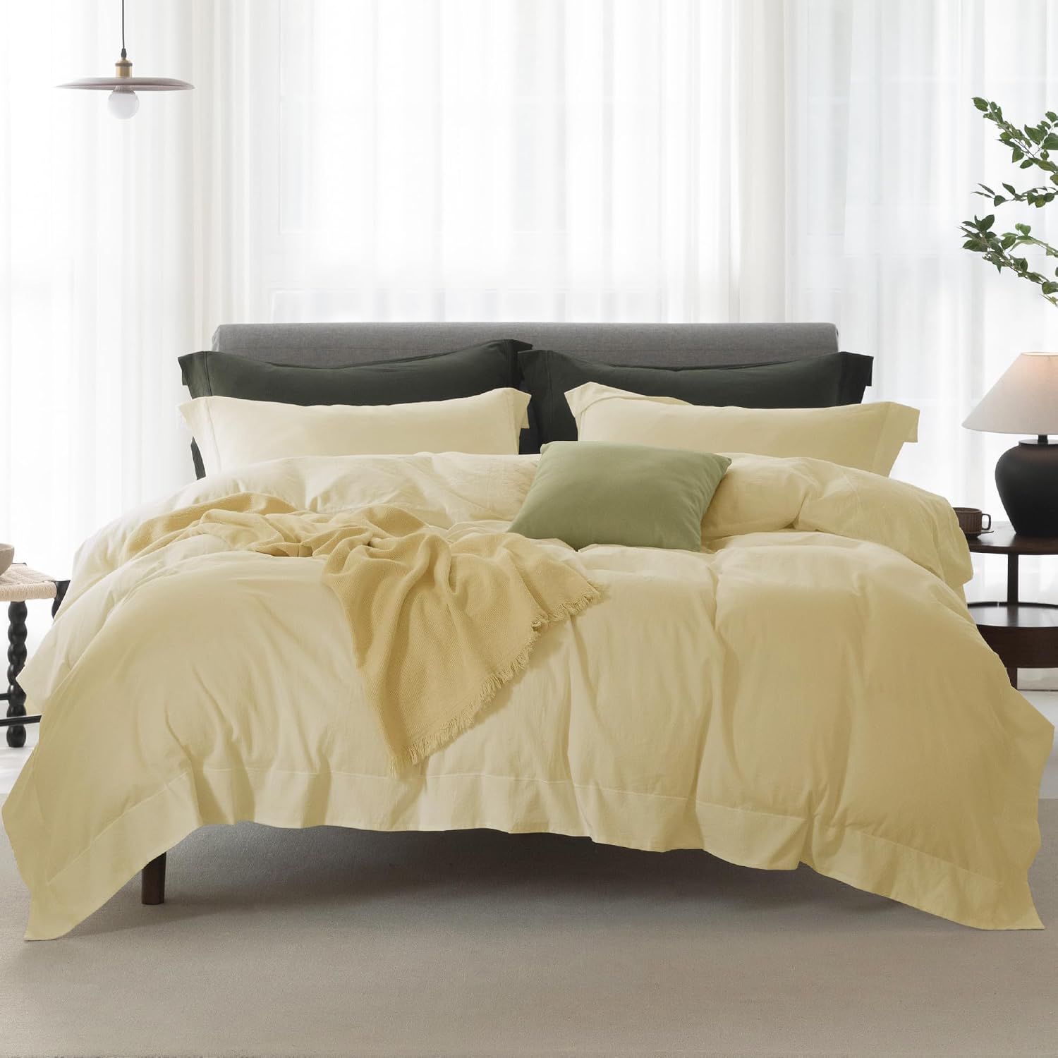 Cooling Duvet Cover Set 3 Pieces-100% Washed Cotton with Chic Wide Trim Design Linen Like Textured Ultra Soft Cozy Bedding with Zipper Closure(Hemmed Pale Yellow,Oversized King 120'x98')