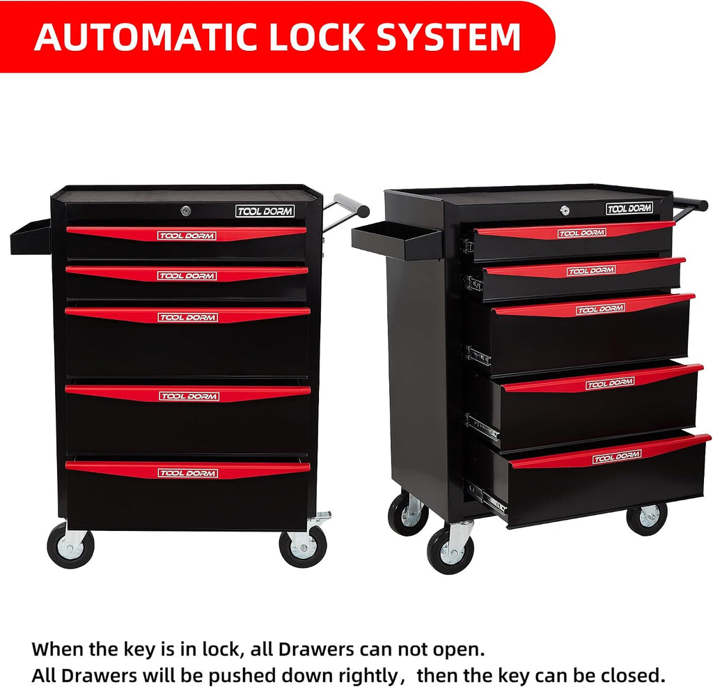 Rolling Tool Chest with Wheels, 5-Drawer Small Tool Cabinet, Metal Rolling Tool Box with Wheels and Locking System for Garage Warehouse Workshop Office Organizers and Storage (Black)