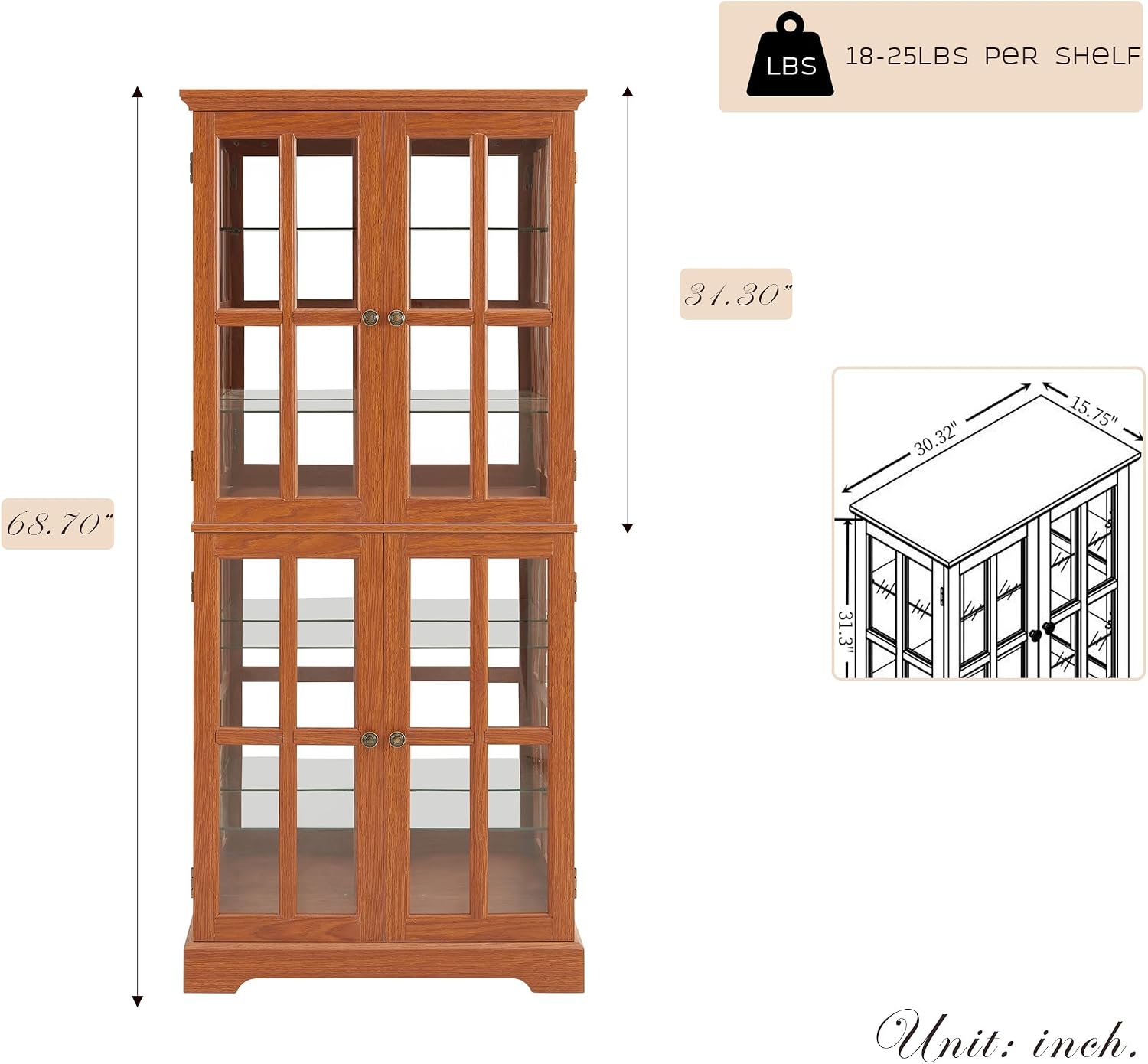 Glass Display Cabinet, 69' H Curio Cabinet with Adjustable Shelves and 4 Glass Doors, Light Bulb Included, Elegant Antique Showcase, Rack for Living Room/Home Office (Dark Oak)