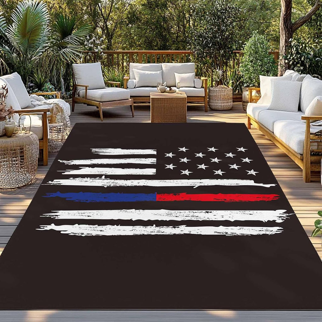 Outdoor Rug 4x6ft Patriots Stars American Blue Red Lines Flag Patio Area Rugs Waterproof Easy Cleaning Non Shedding Thick Mats Sports Carpet for Indoor Outdoor Porch Deck Backyard Balcony