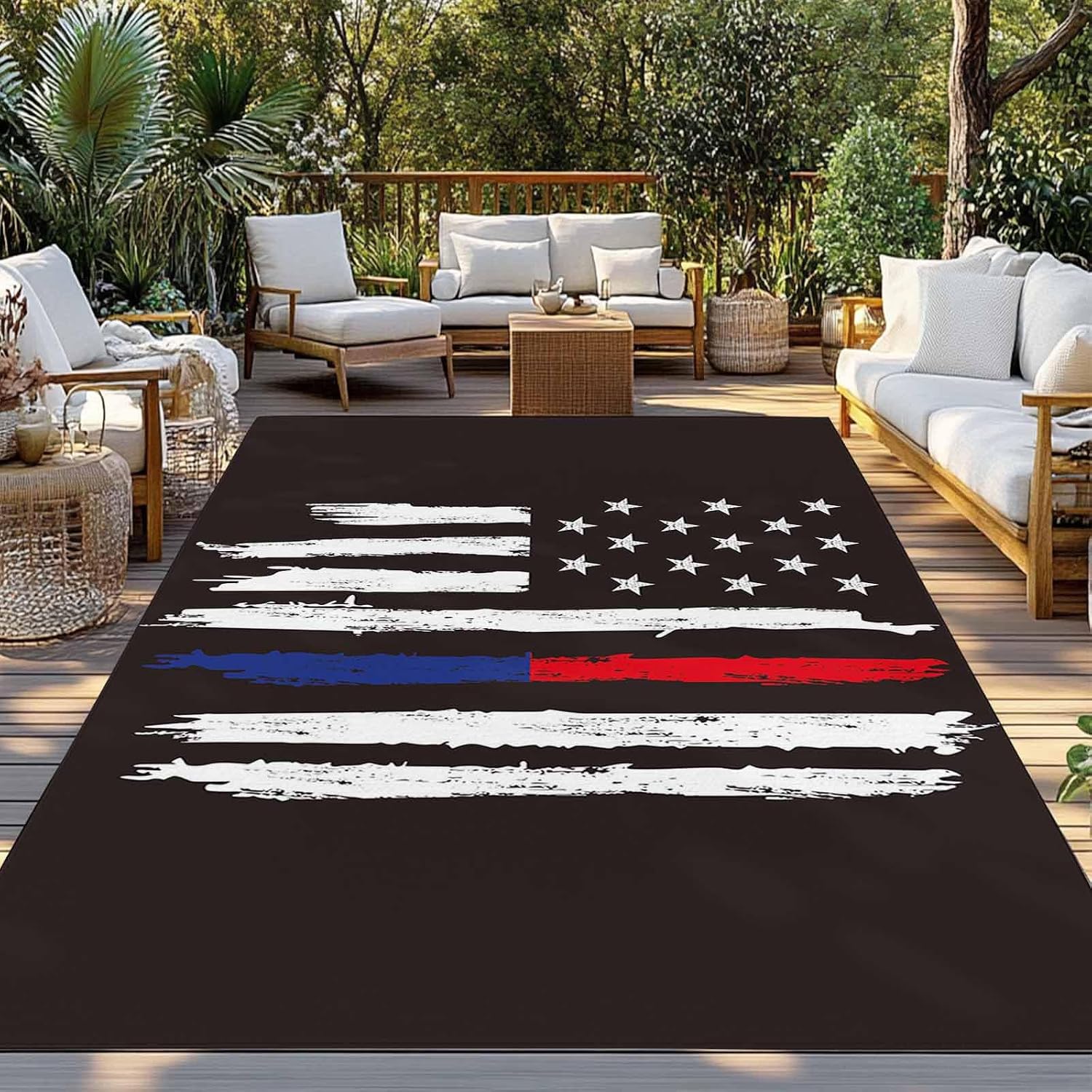 Outdoor Rug 4x6ft Patriots Stars American Blue Red Lines Flag Patio Area Rugs Waterproof Easy Cleaning Non Shedding Thick Mats Sports Carpet for Indoor Outdoor Porch Deck Backyard Balcony