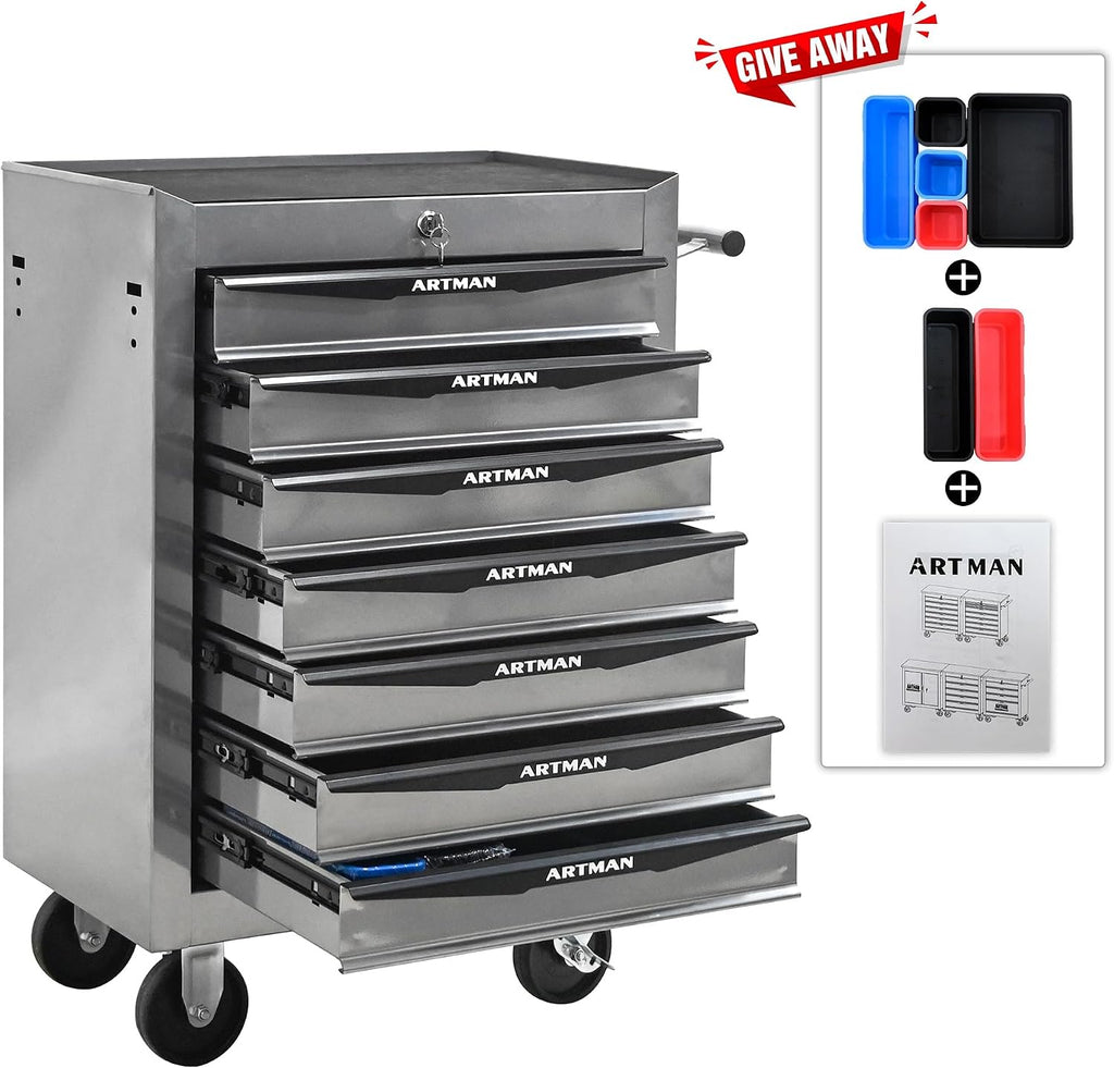 Rolling Metal Tool Chest with 7 Drawers – 20' Steel Tool Storage Box Organizer with Ball Bearing Slides & Lockable Mobile Cabinet on Wheels(Silver)